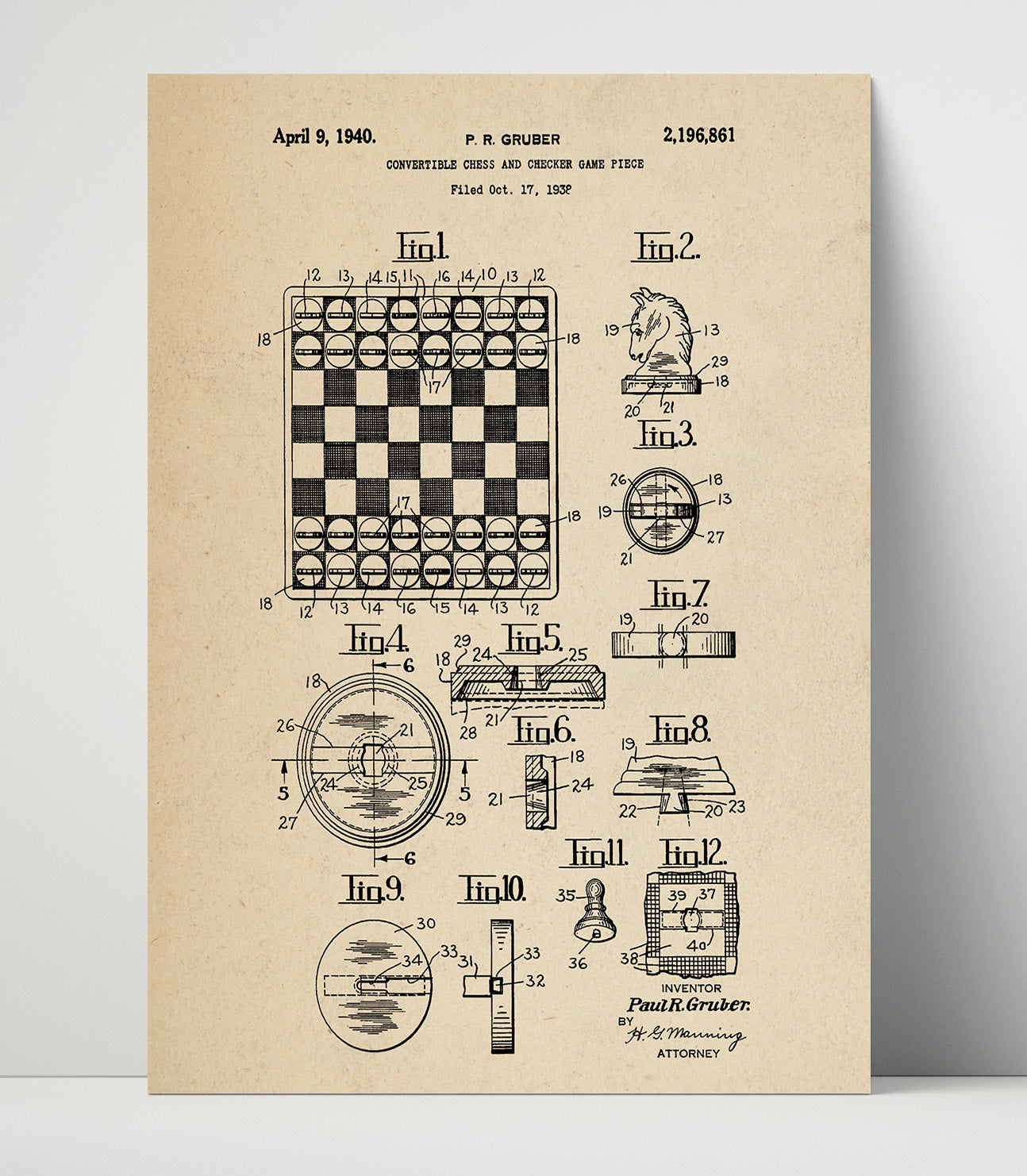 Patent Print - Convertible Chess And Checker Game Piece - Paul R Gruber - 1940 - Patent 2196861 Patent Wall Art