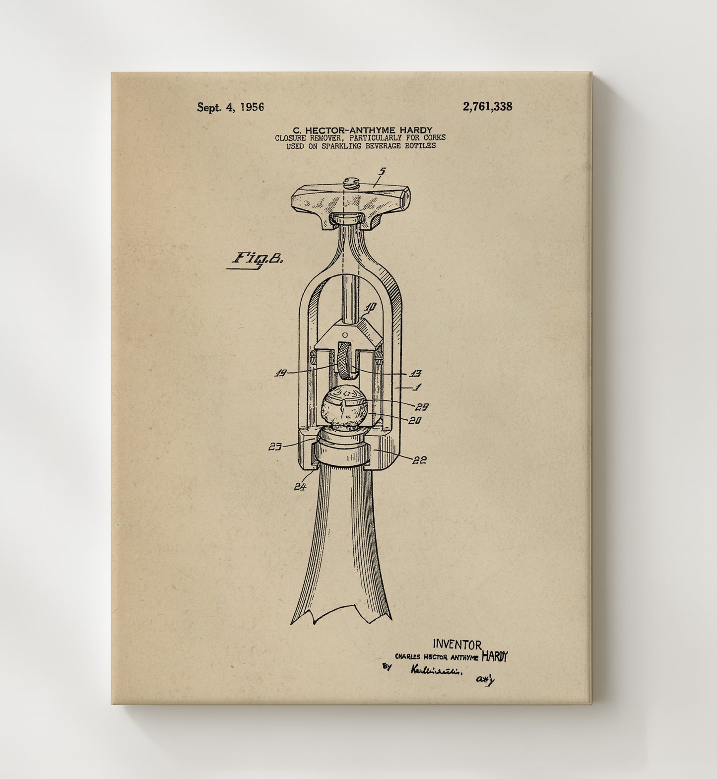 Patent Print - Cork Removal Tool - C. Hector-Anthyme Hardy - 1956 - Patent 2761338 Patent Wall Art