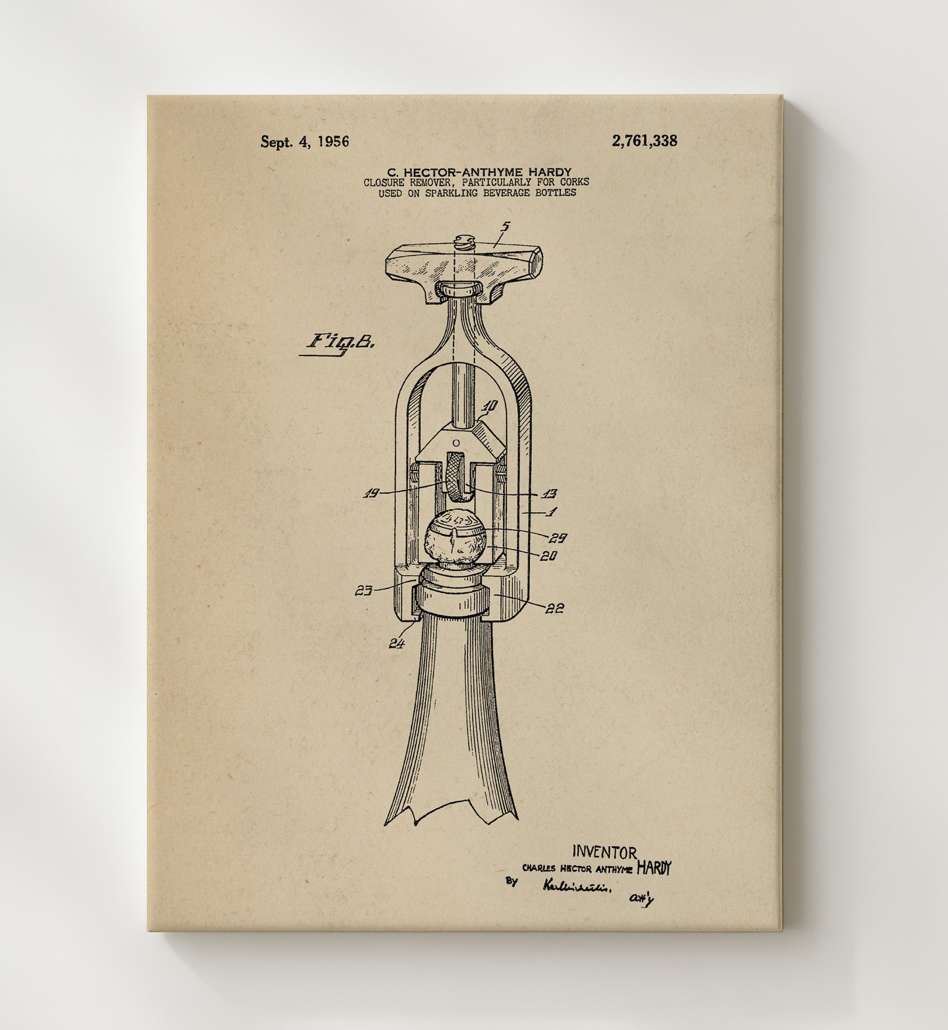 Patent Print - Cork Removal Tool - C. Hector-Anthyme Hardy - 1956 - Patent 2761338 Patent Wall Art