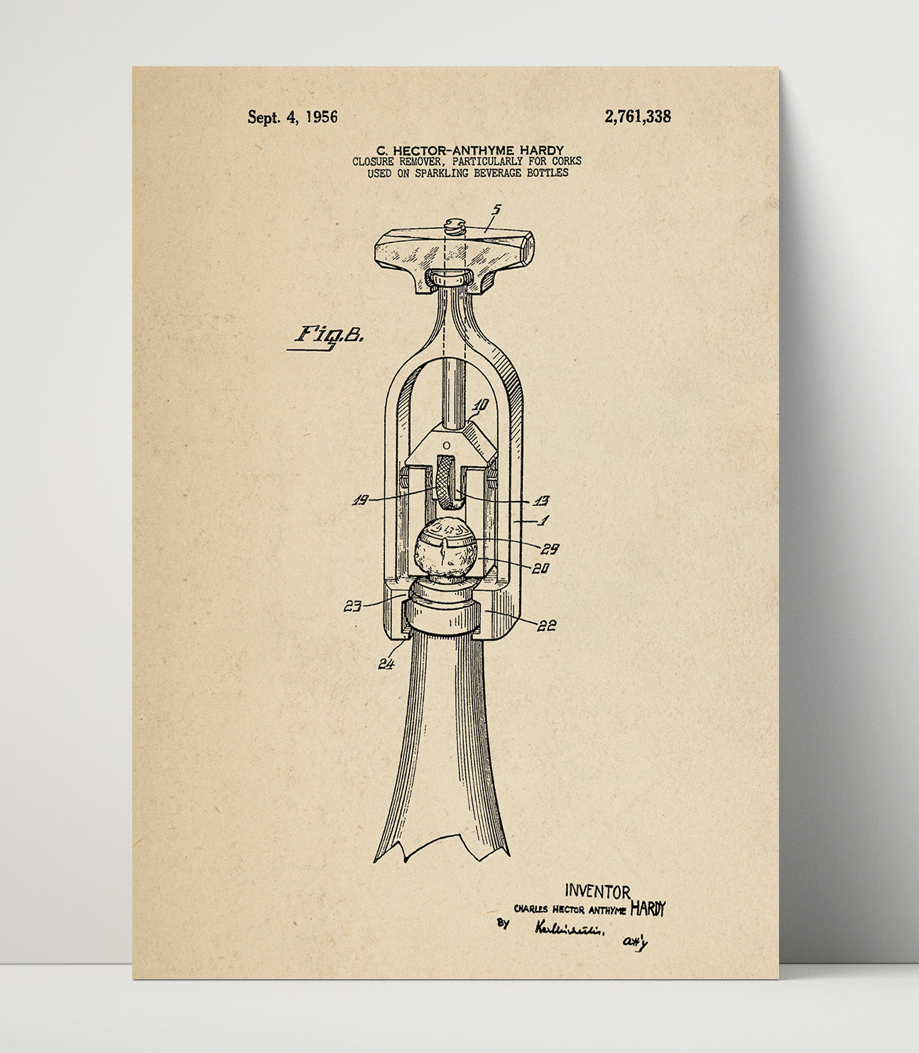 Patent Print - Cork Removal Tool - C. Hector-Anthyme Hardy - 1956 - Patent 2761338 Patent Wall Art