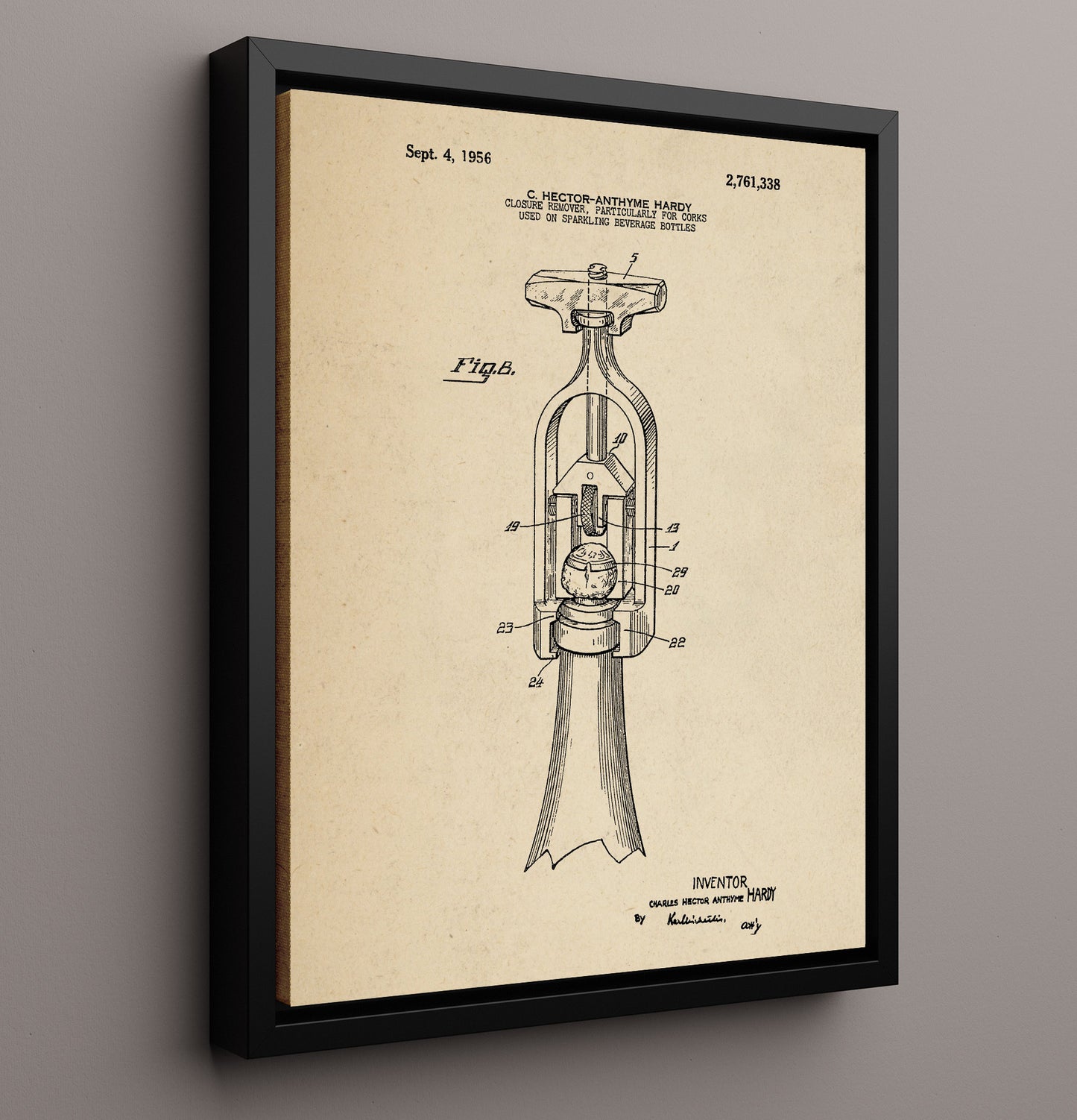 Patent Print - Cork Removal Tool - C. Hector-Anthyme Hardy - 1956 - Patent 2761338 Patent Wall Art