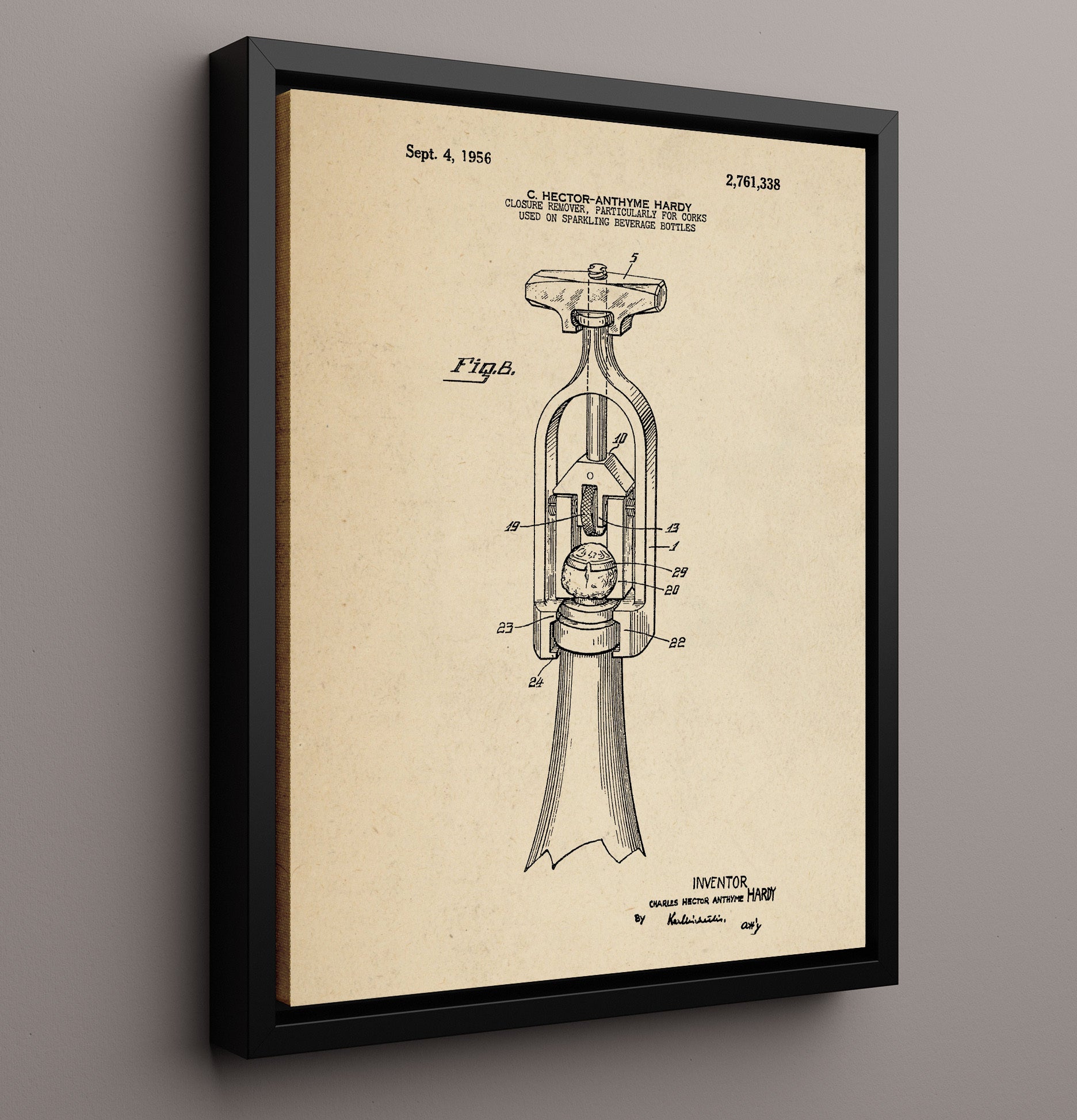 Patent Print - Cork Removal Tool - C. Hector-Anthyme Hardy - 1956 - Patent 2761338 Patent Wall Art