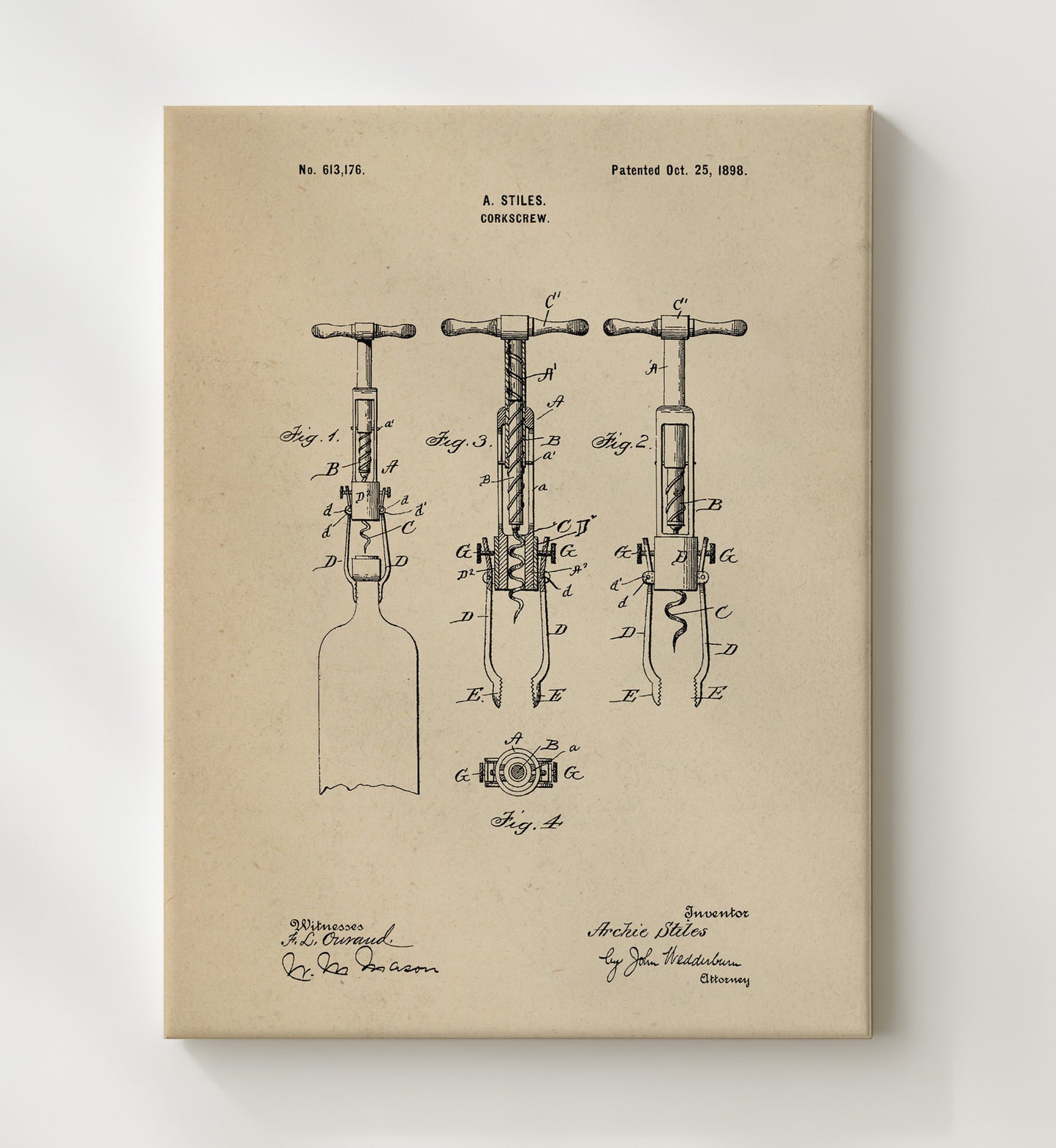 Patent Print - Corkscrew - A. Stiles - 1898 - Patent 613176 Patent Wall Art