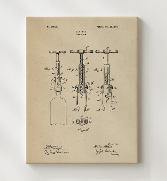 Corkscrew 1898 patent print wall art 8x10 Canvas