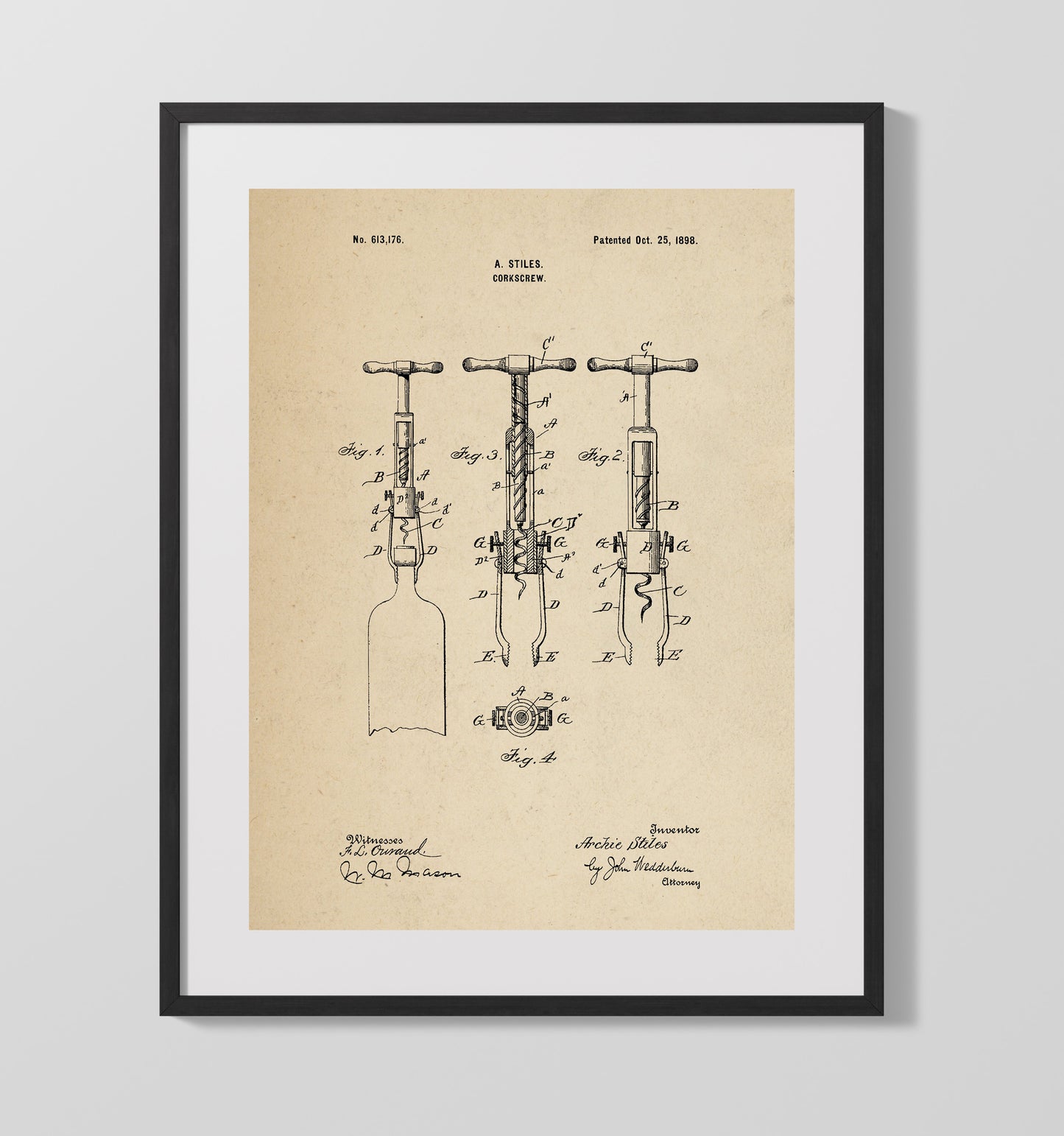 Patent Print - Corkscrew - A. Stiles - 1898 - Patent 613176 Patent Wall Art