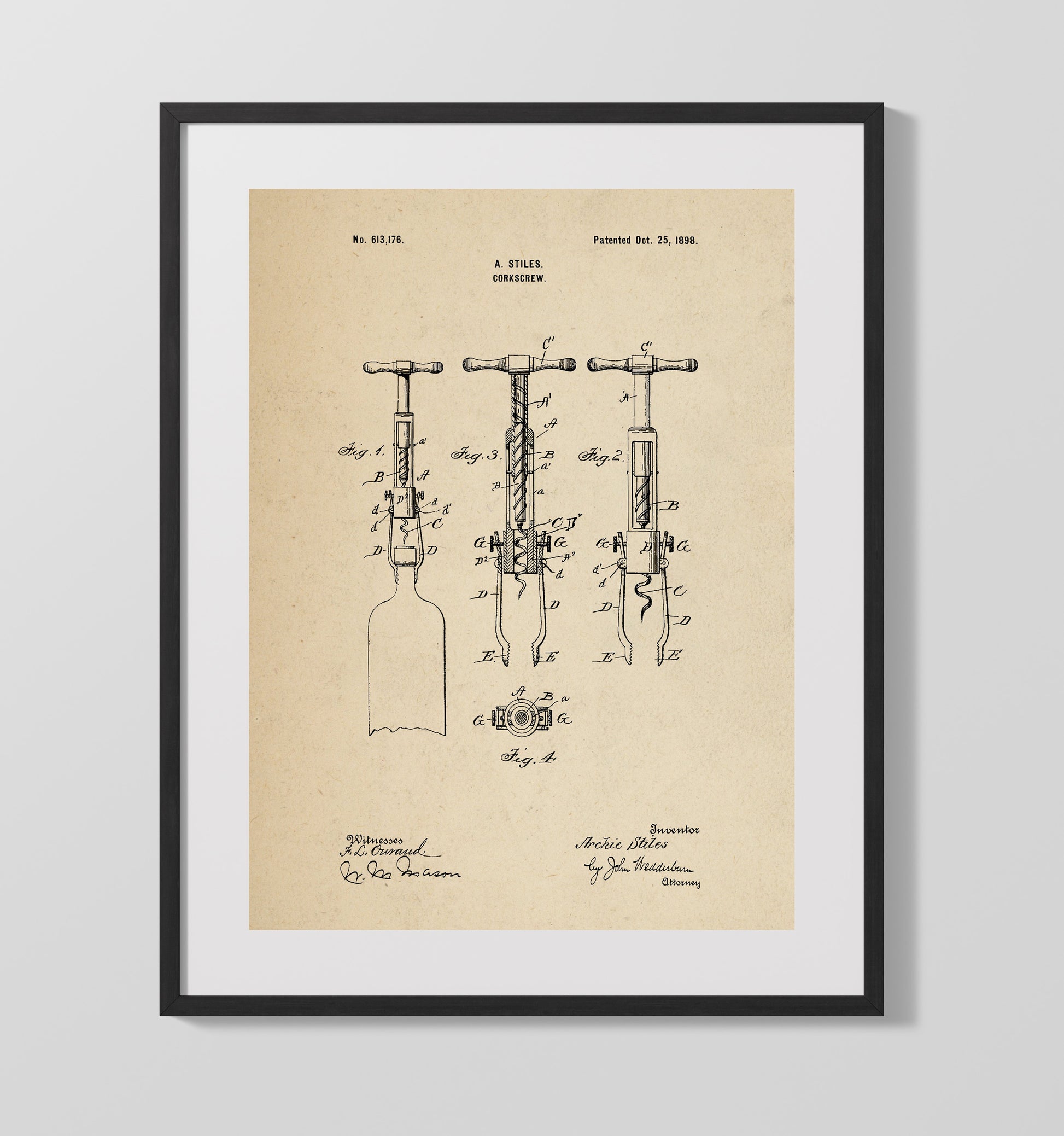 Patent Print - Corkscrew - A. Stiles - 1898 - Patent 613176 Patent Wall Art