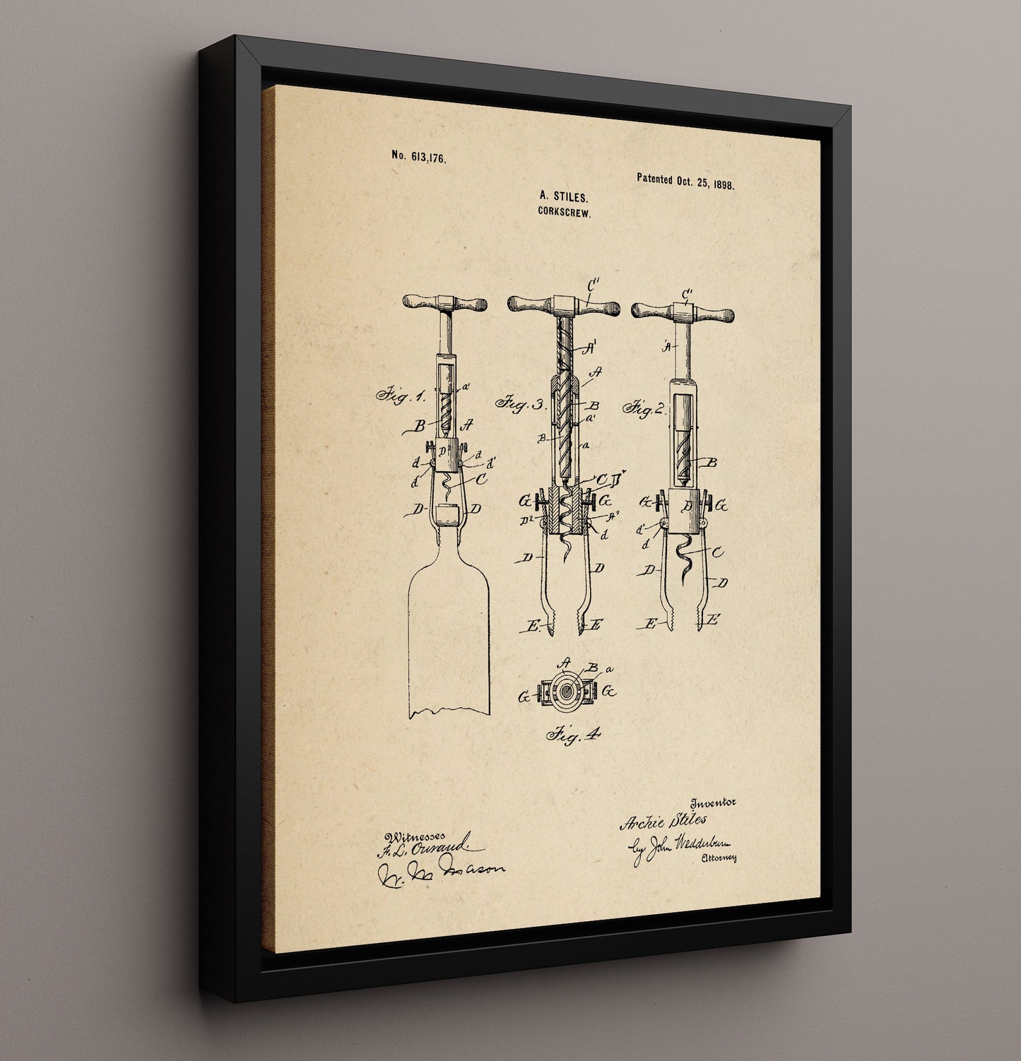 Patent Print - Corkscrew - A. Stiles - 1898 - Patent 613176 Patent Wall Art