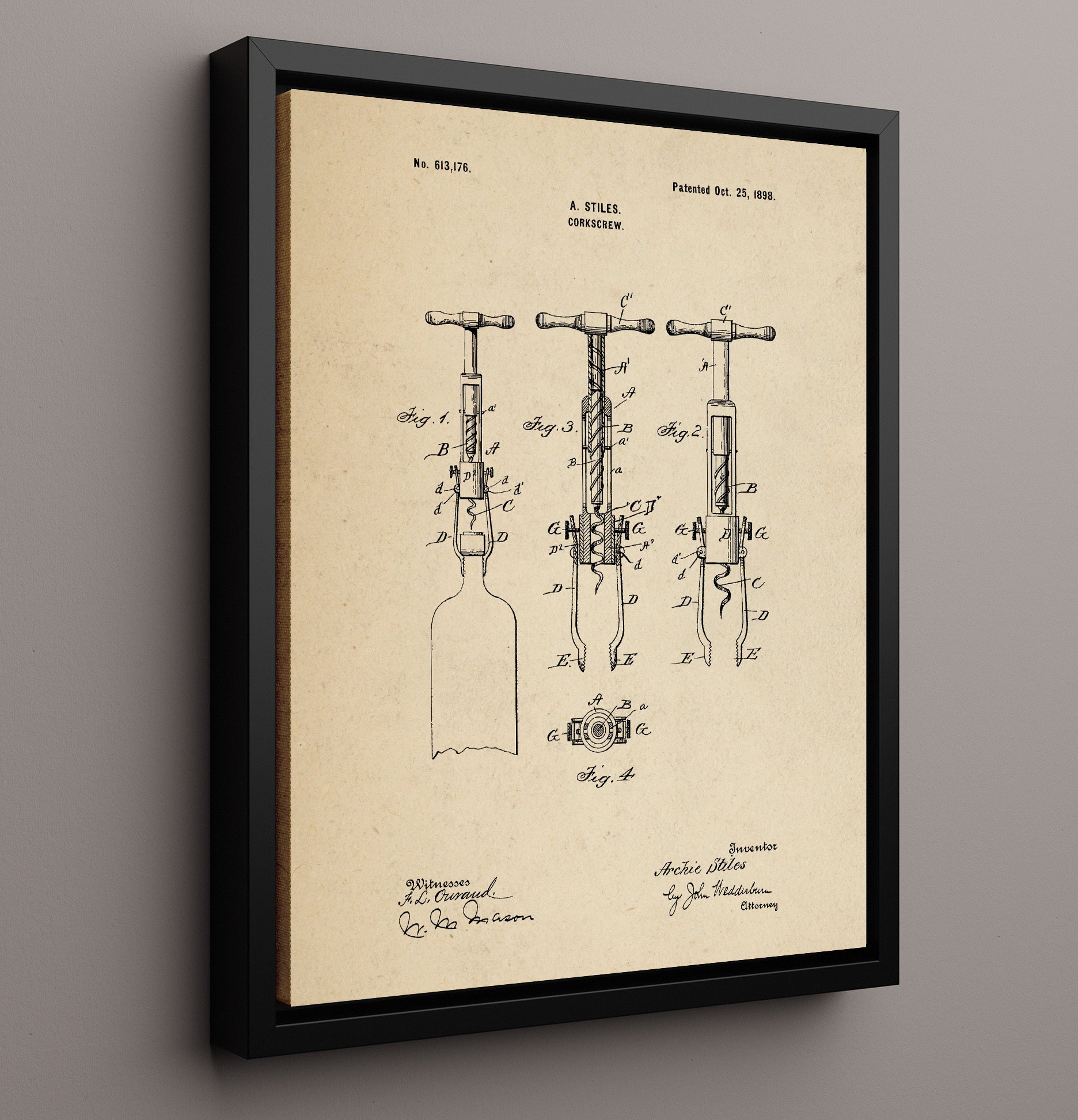 Patent Print - Corkscrew - A. Stiles - 1898 - Patent 613176 Patent Wall Art
