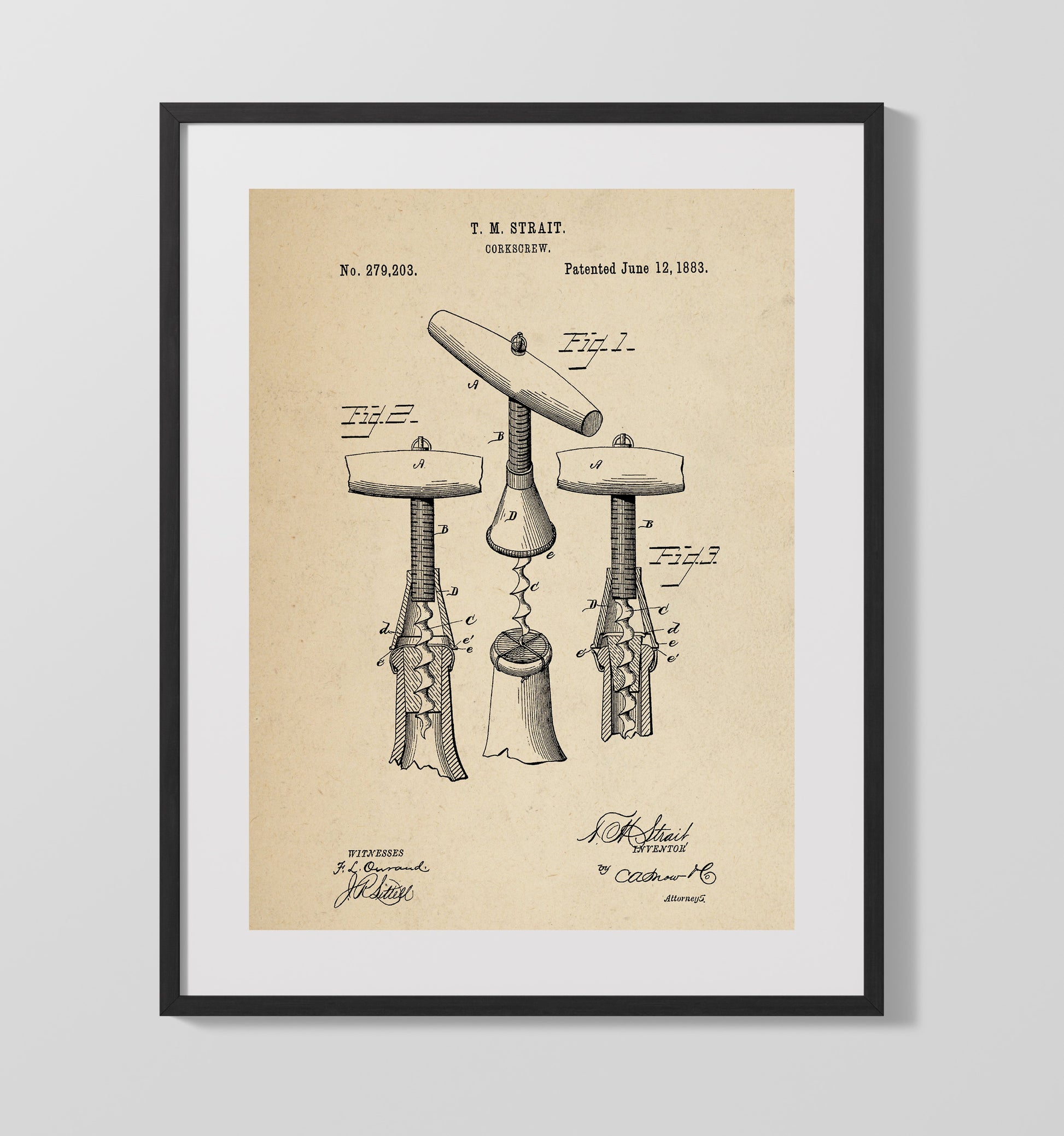 Patent Print - Corkscrew - T.M. Strait - 1883 - Patent 279203 Patent Wall Art