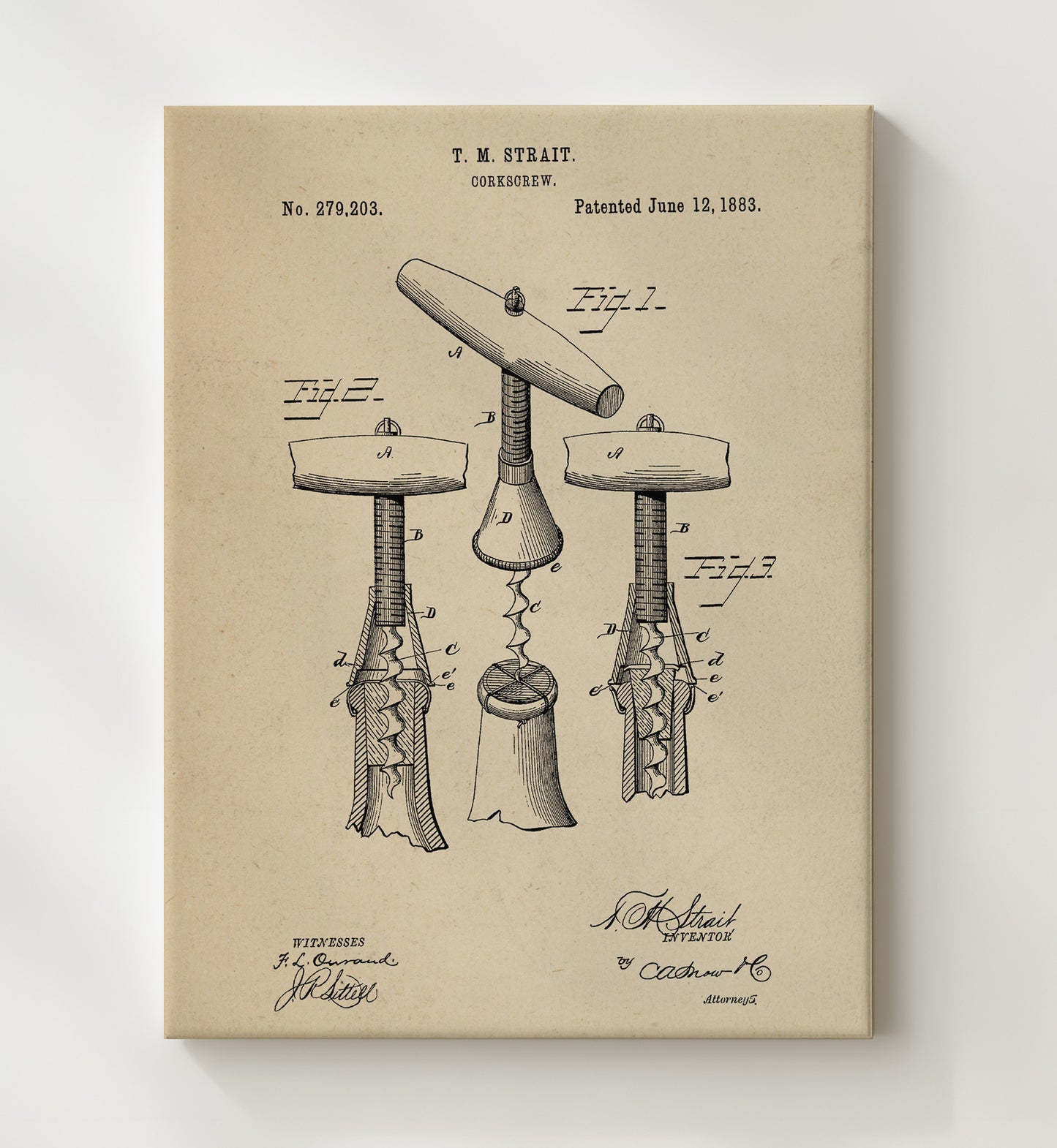 Patent Print - Corkscrew - T.M. Strait - 1883 - Patent 279203 Patent Wall Art