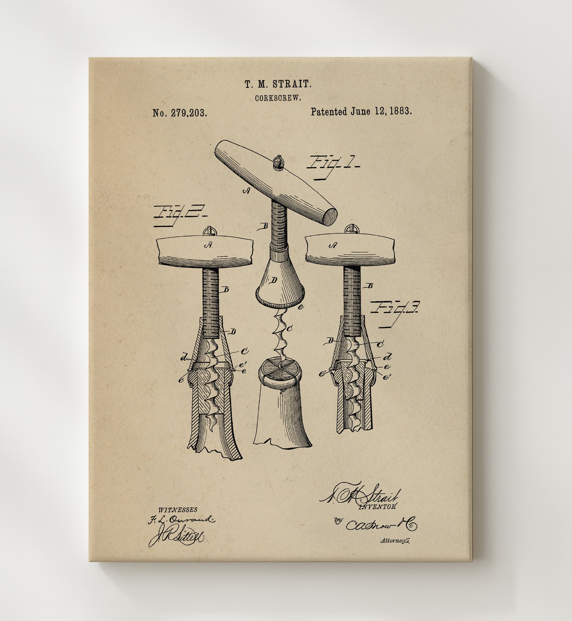 Patent Print - Corkscrew - T.M. Strait - 1883 - Patent 279203 Patent Wall Art
