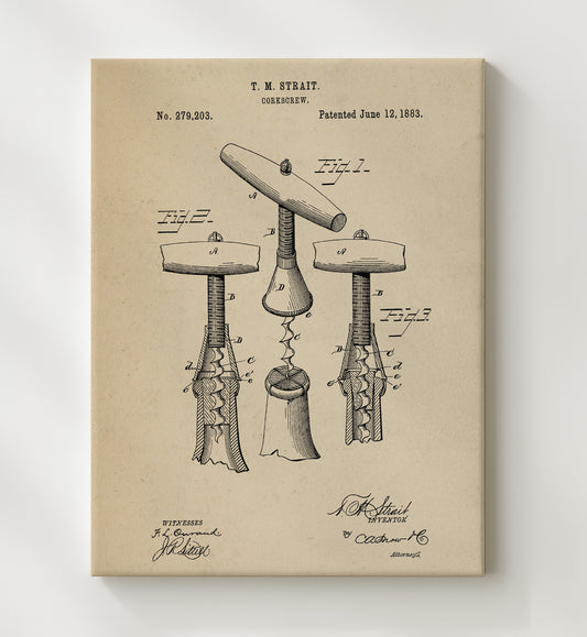 Corkscrew 1883 patent print wall art 8x10 Canvas