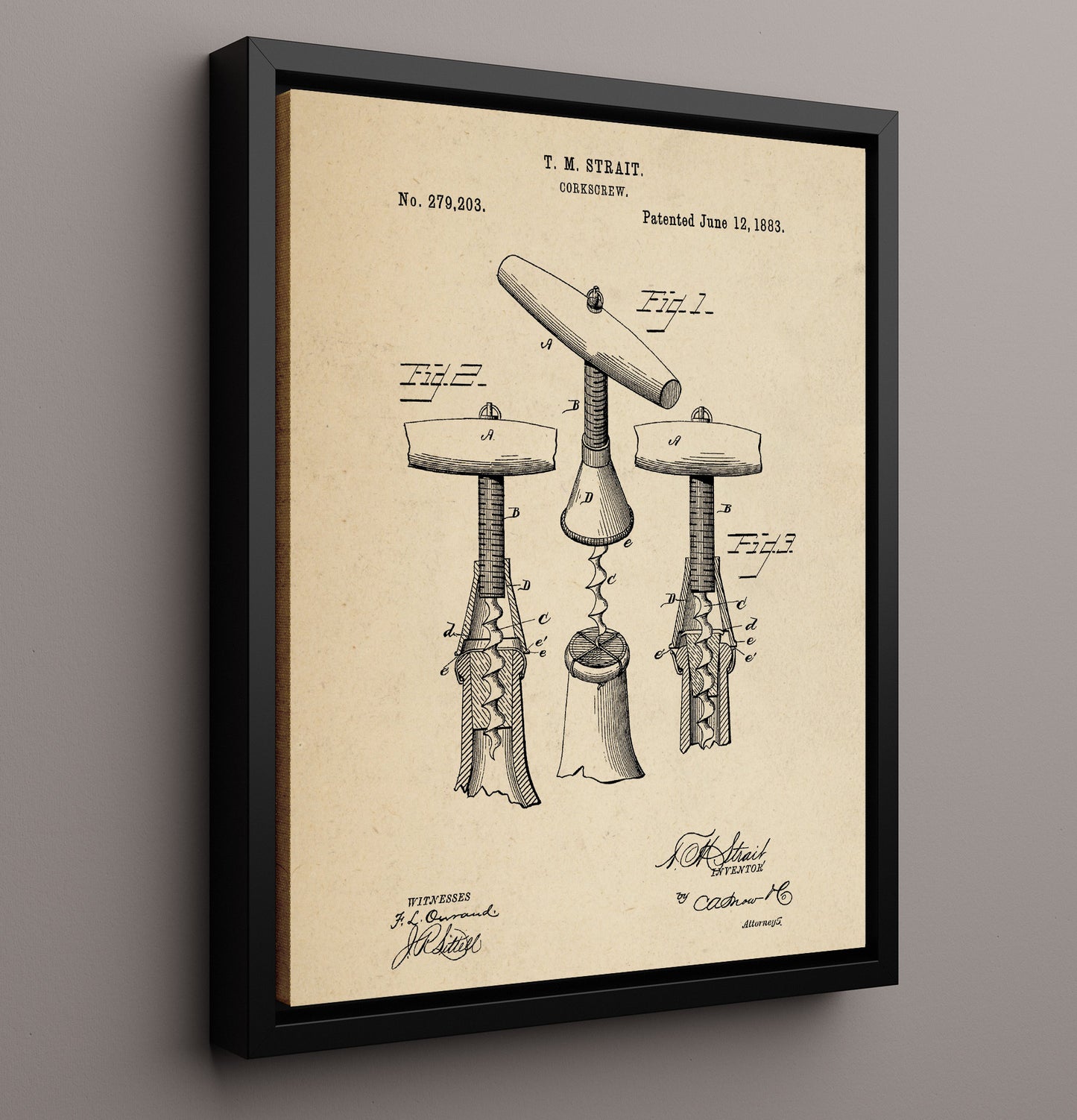 Patent Print - Corkscrew - T.M. Strait - 1883 - Patent 279203 Patent Wall Art