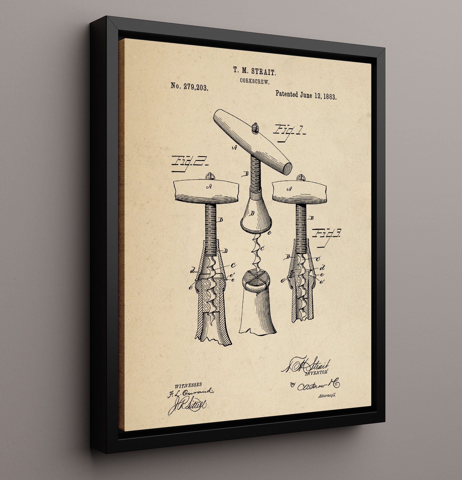 Patent Print - Corkscrew - T.M. Strait - 1883 - Patent 279203 Patent Wall Art