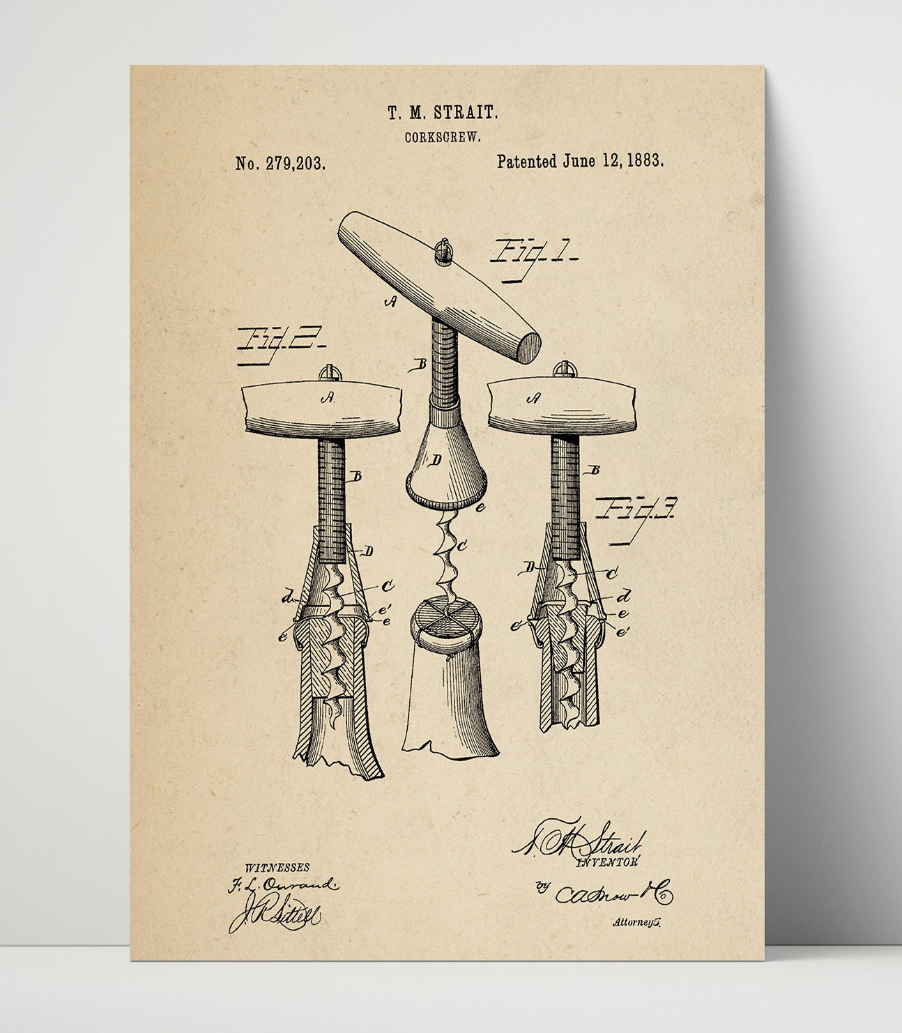 Patent Print - Corkscrew - T.M. Strait - 1883 - Patent 279203 Patent Wall Art