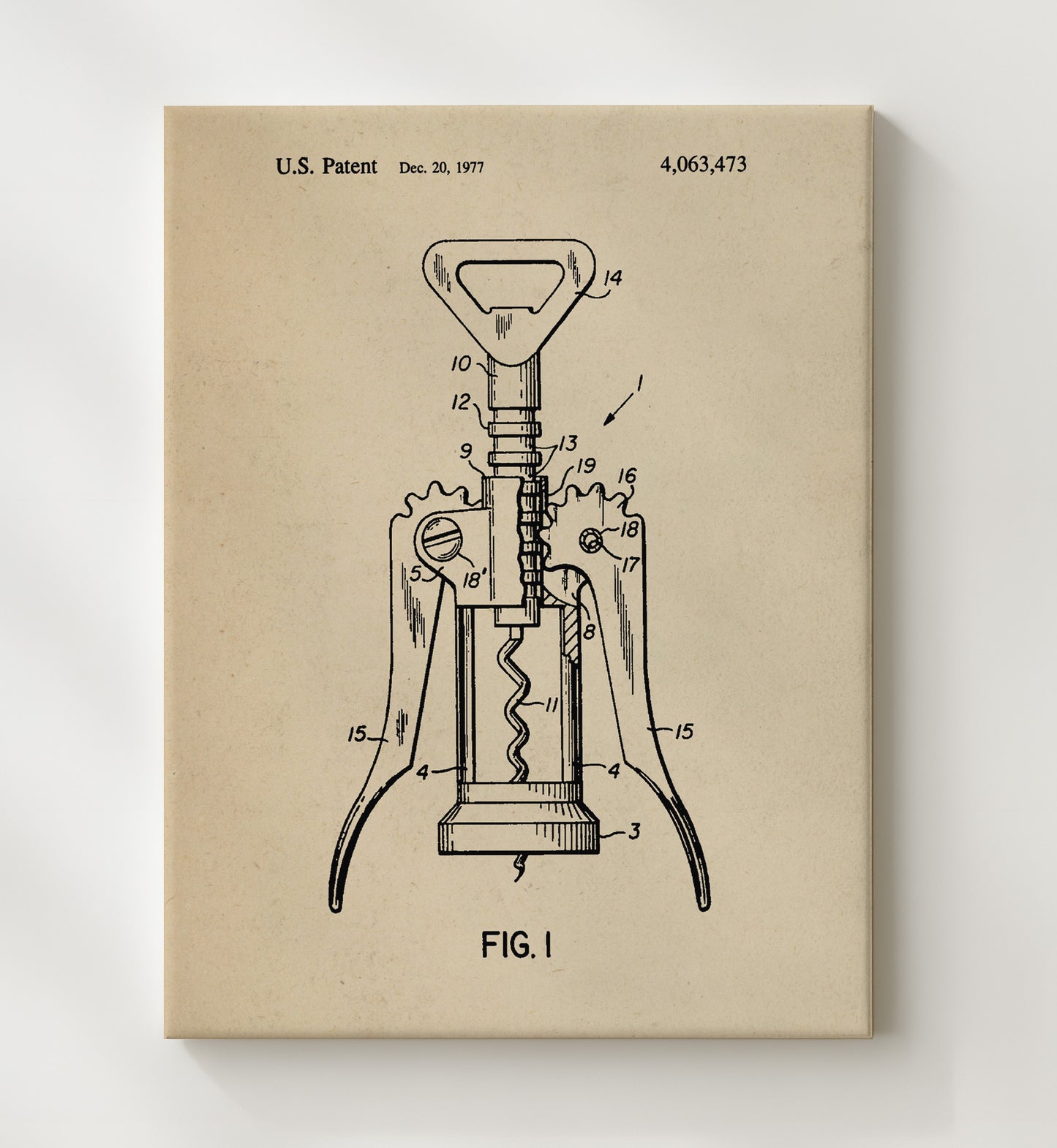 Patent Print - Corkscrew - Unknown Inventor - 1977 - Patent 4063473 Patent Wall Art