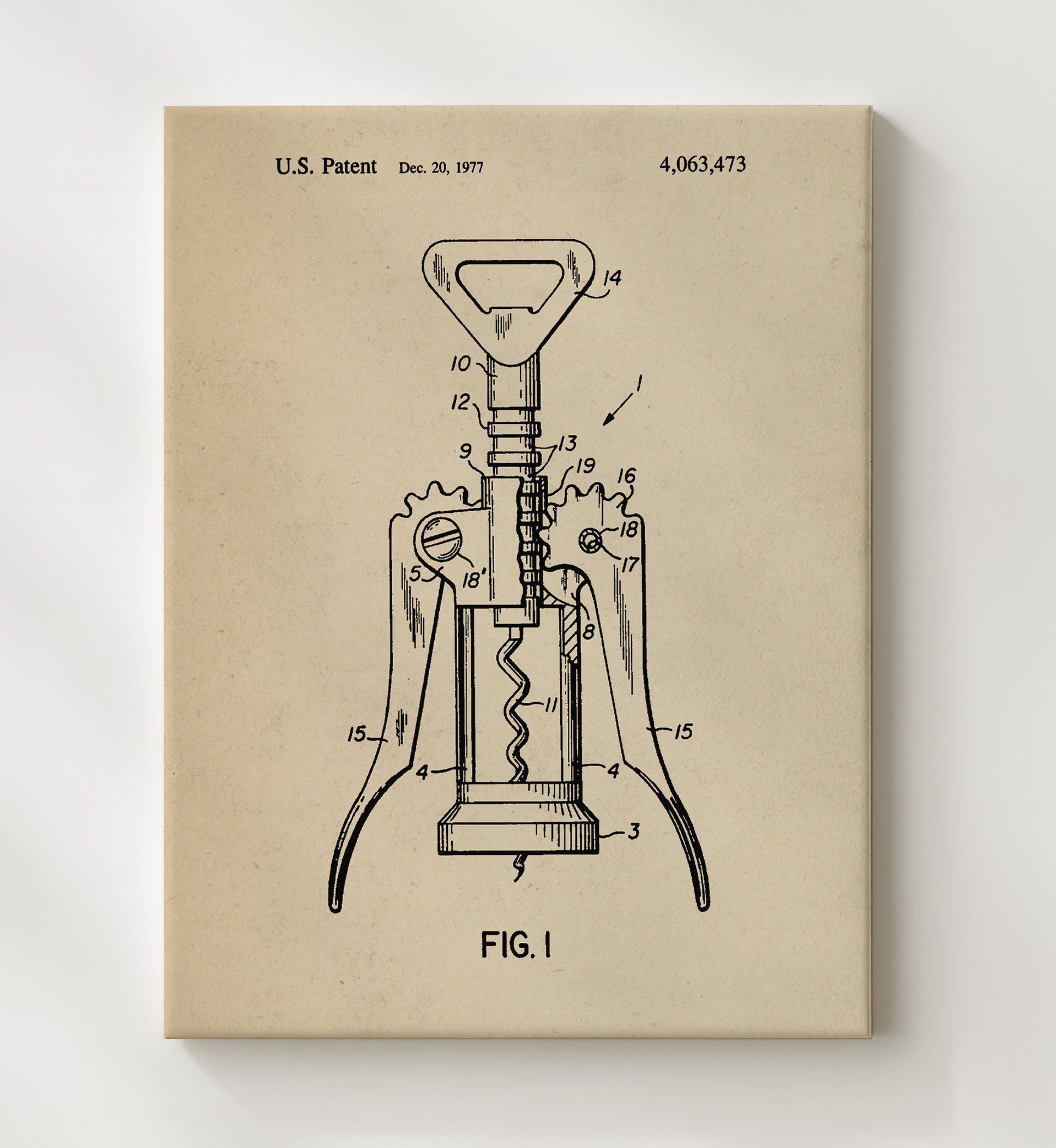 Patent Print - Corkscrew - Unknown Inventor - 1977 - Patent 4063473 Patent Wall Art