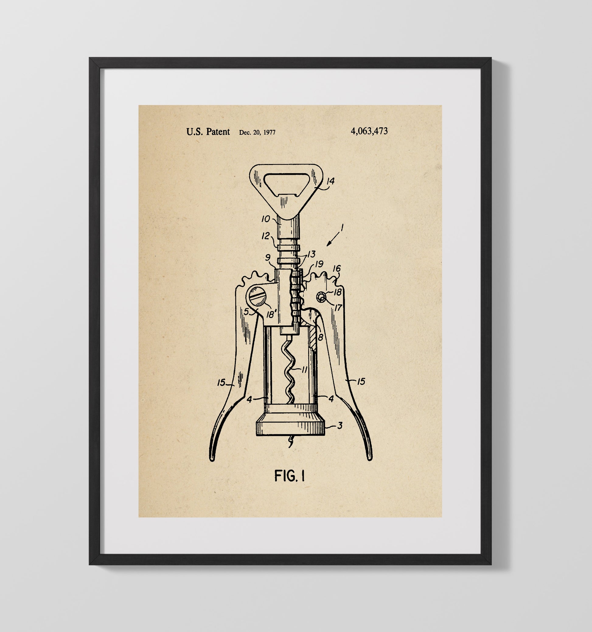 Patent Print - Corkscrew - Unknown Inventor - 1977 - Patent 4063473 Patent Wall Art