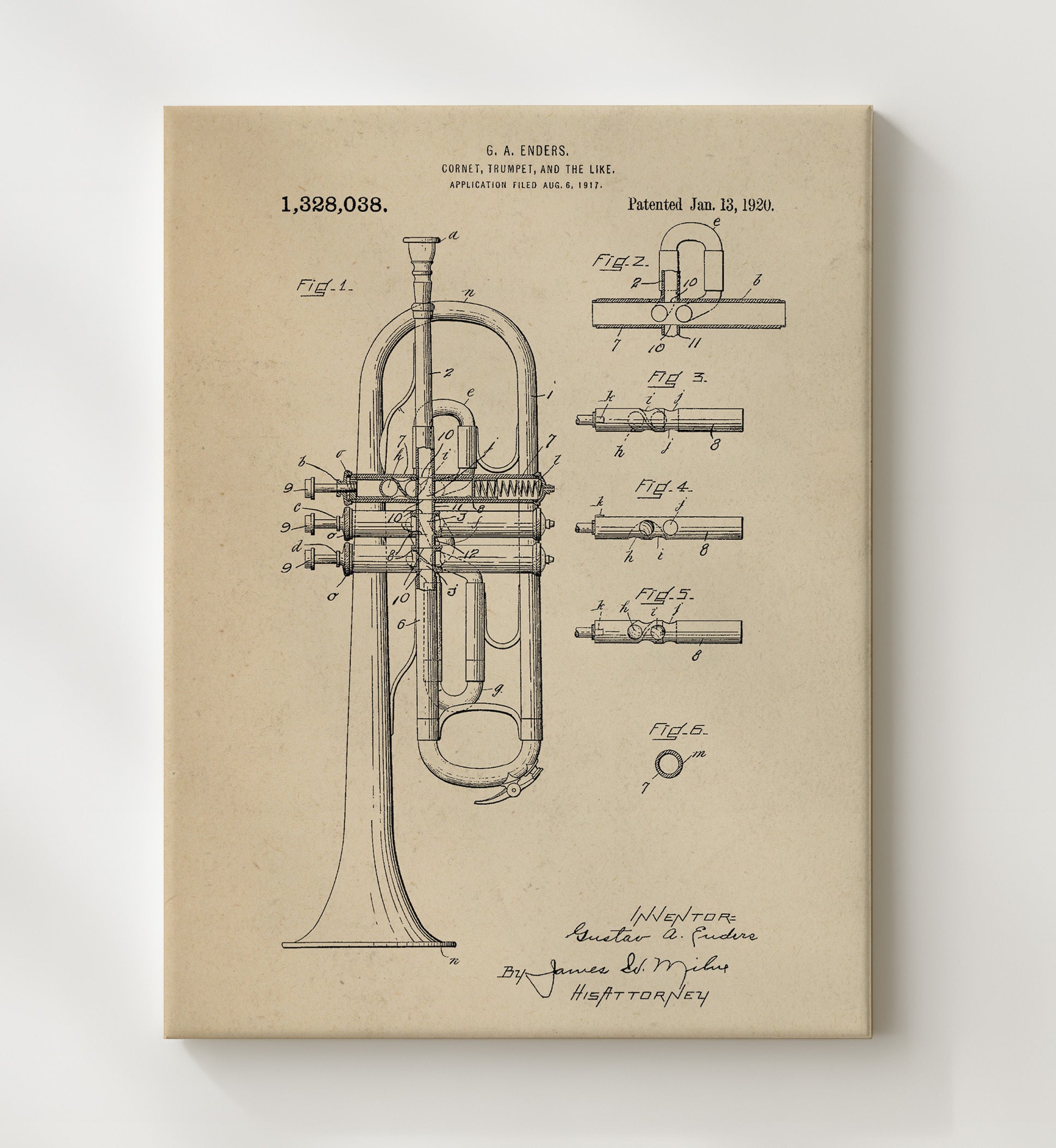 Patent Print - Cornet Trumpet - Gustav A. Enders - 1920 - Patent 1328038 Patent Wall Art