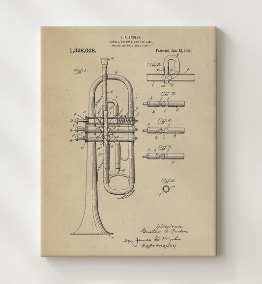 Cornet Trumpet 1920 patent print wall art 8x10 Canvas