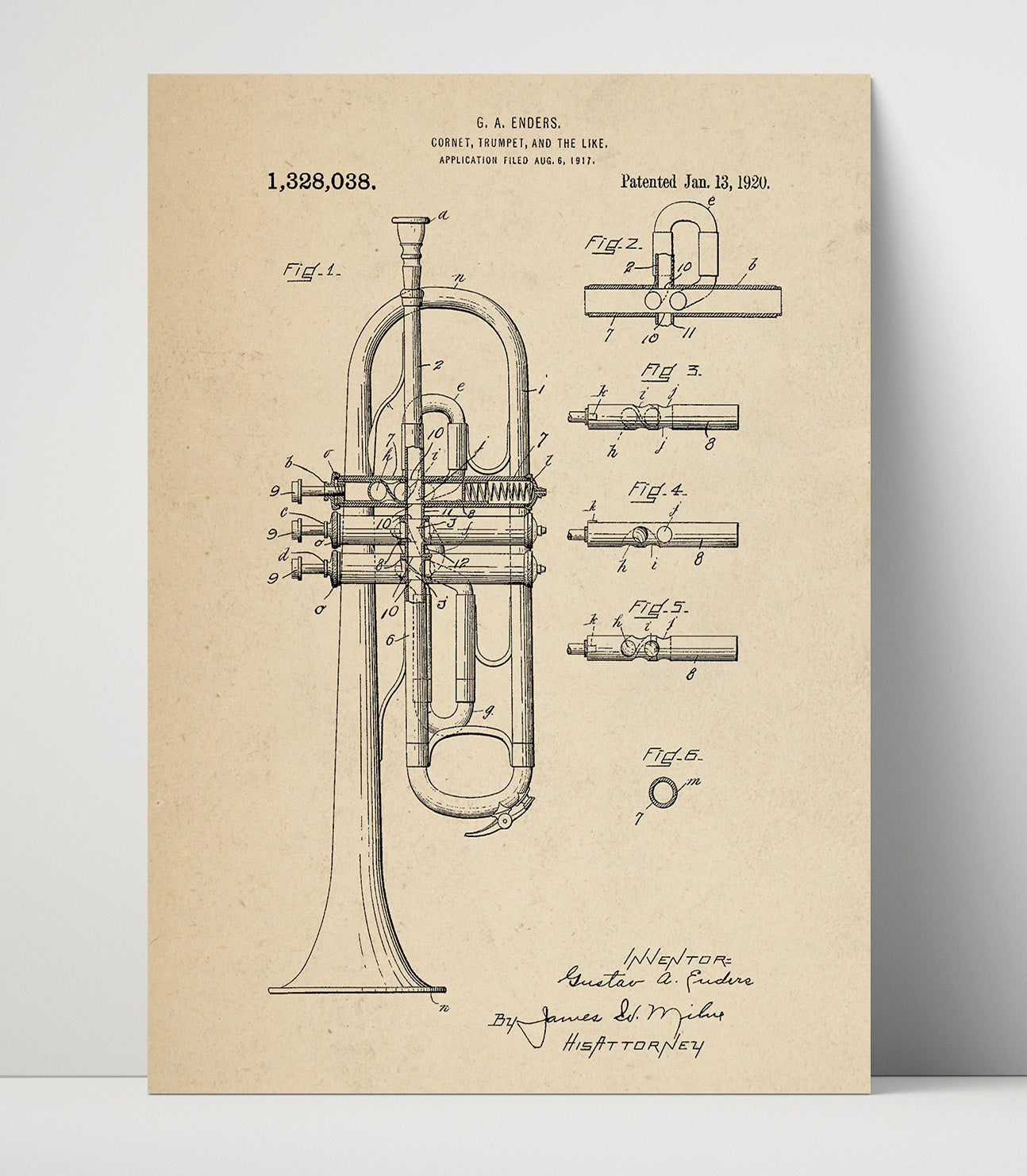 Patent Print - Cornet Trumpet - Gustav A. Enders - 1920 - Patent 1328038 Patent Wall Art