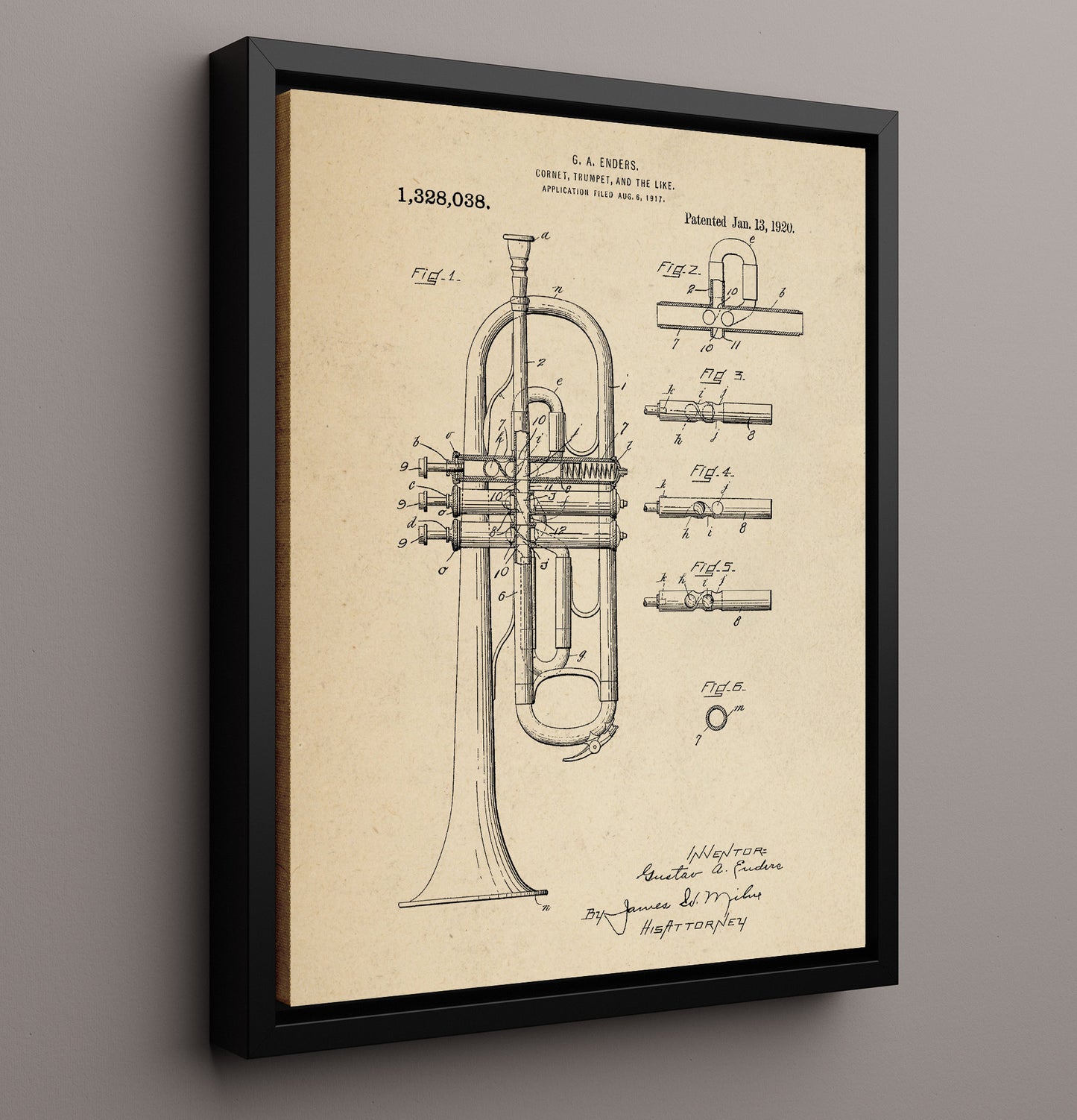 Patent Print - Cornet Trumpet - Gustav A. Enders - 1920 - Patent 1328038 Patent Wall Art