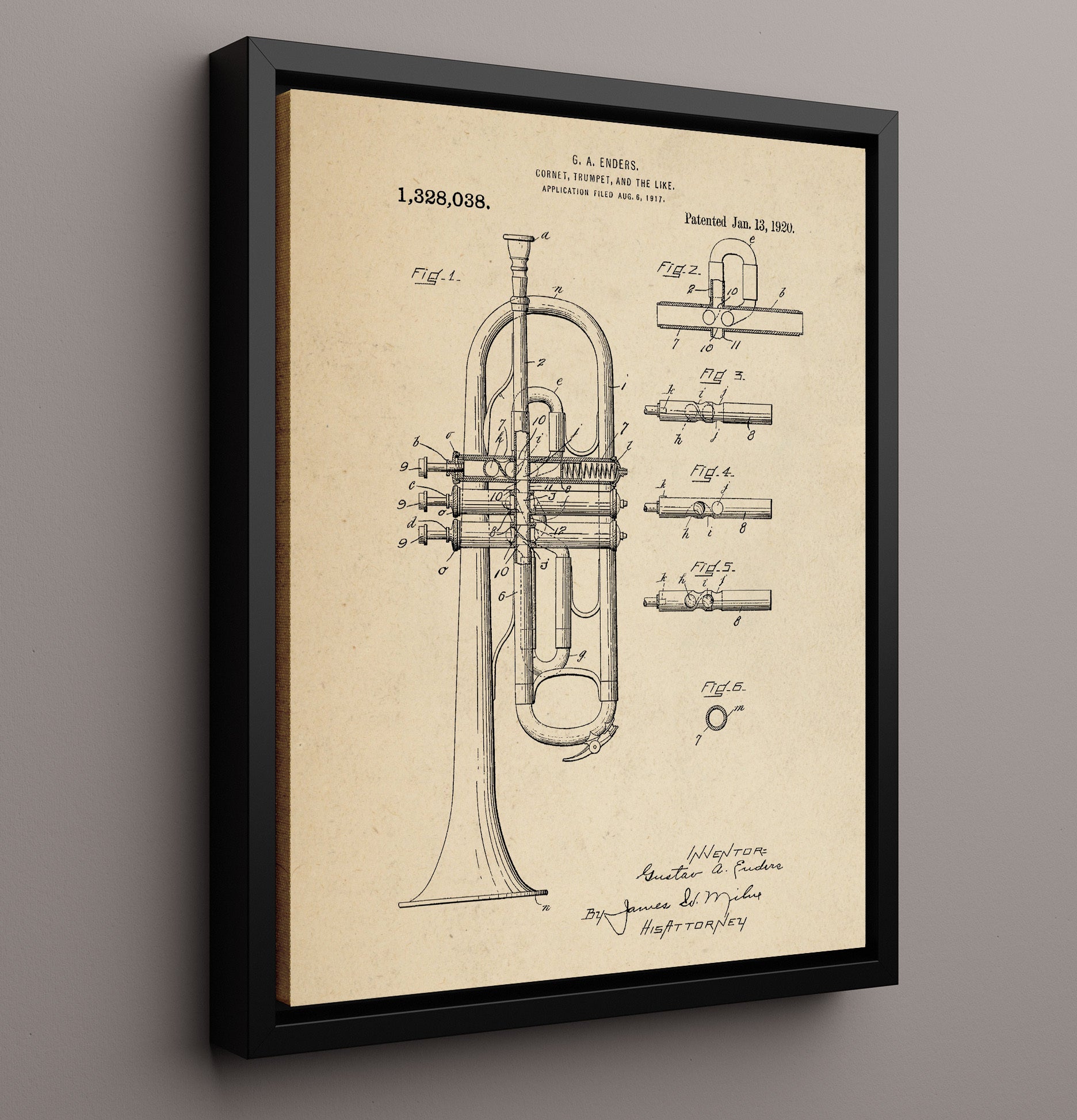 Patent Print - Cornet Trumpet - Gustav A. Enders - 1920 - Patent 1328038 Patent Wall Art