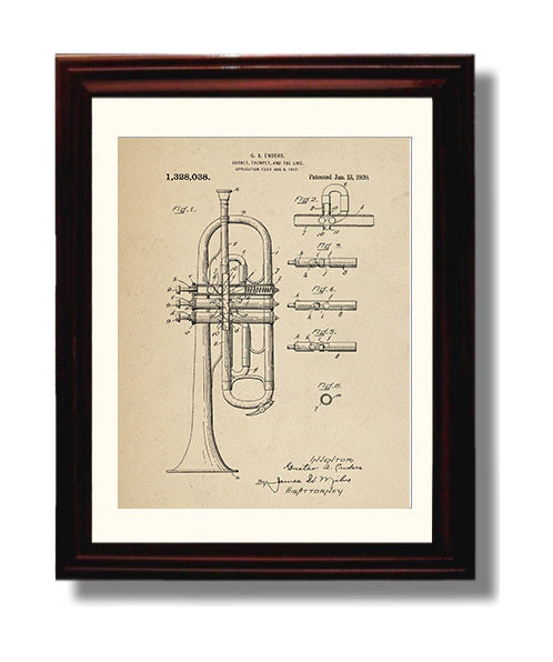 Patent Print - Cornet Trumpet - Gustav A. Enders - 1920 - Patent 1328038 Patent Wall Art