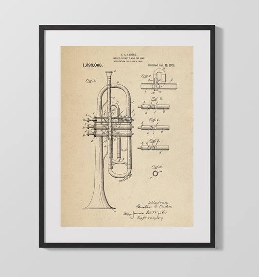 Cornet Trumpet - 1920 Patent - 16x20 Gallery Frame