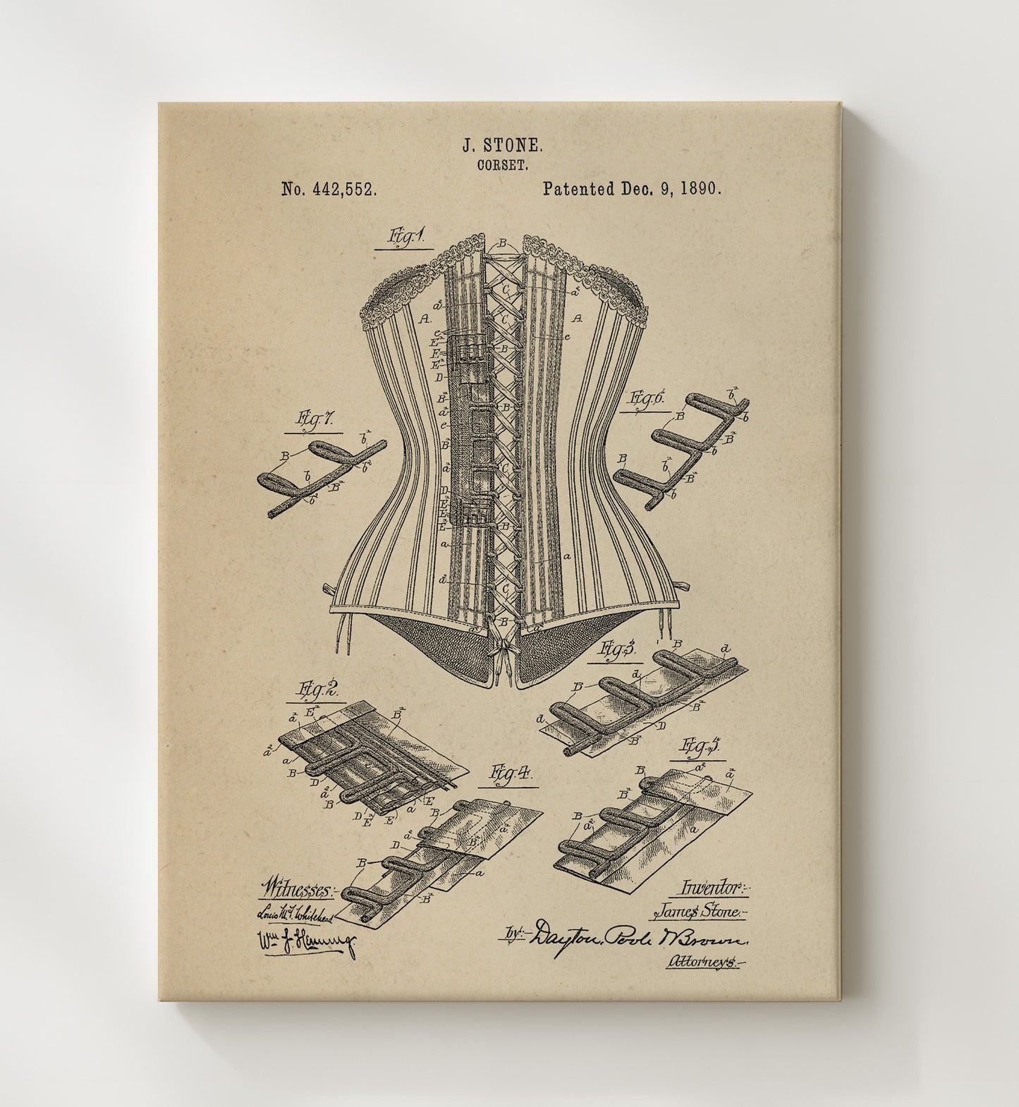 Patent Print - Corset - James Stone - 1890 - Patent 442552 Patent Wall Art