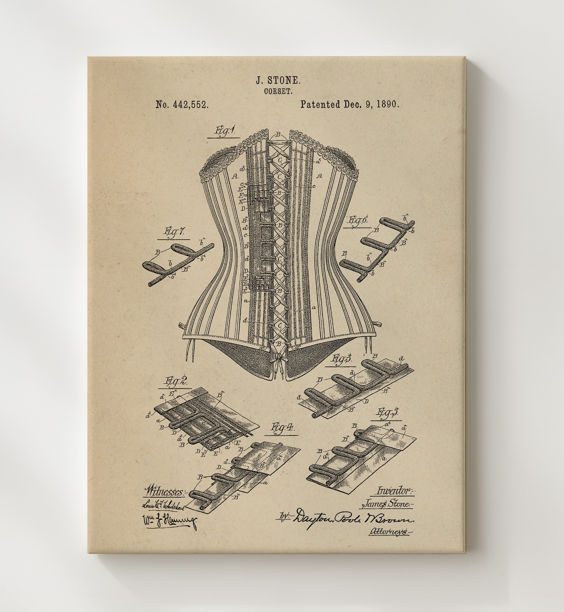 Patent Print - Corset - James Stone - 1890 - Patent 442552 Patent Wall Art