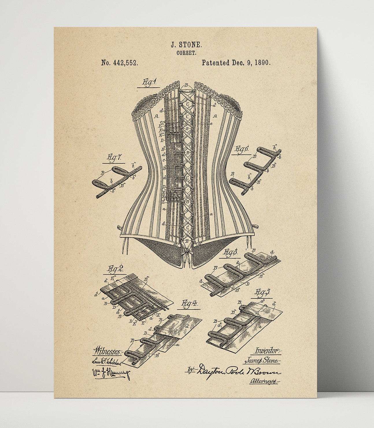 Patent Print - Corset - James Stone - 1890 - Patent 442552 Patent Wall Art