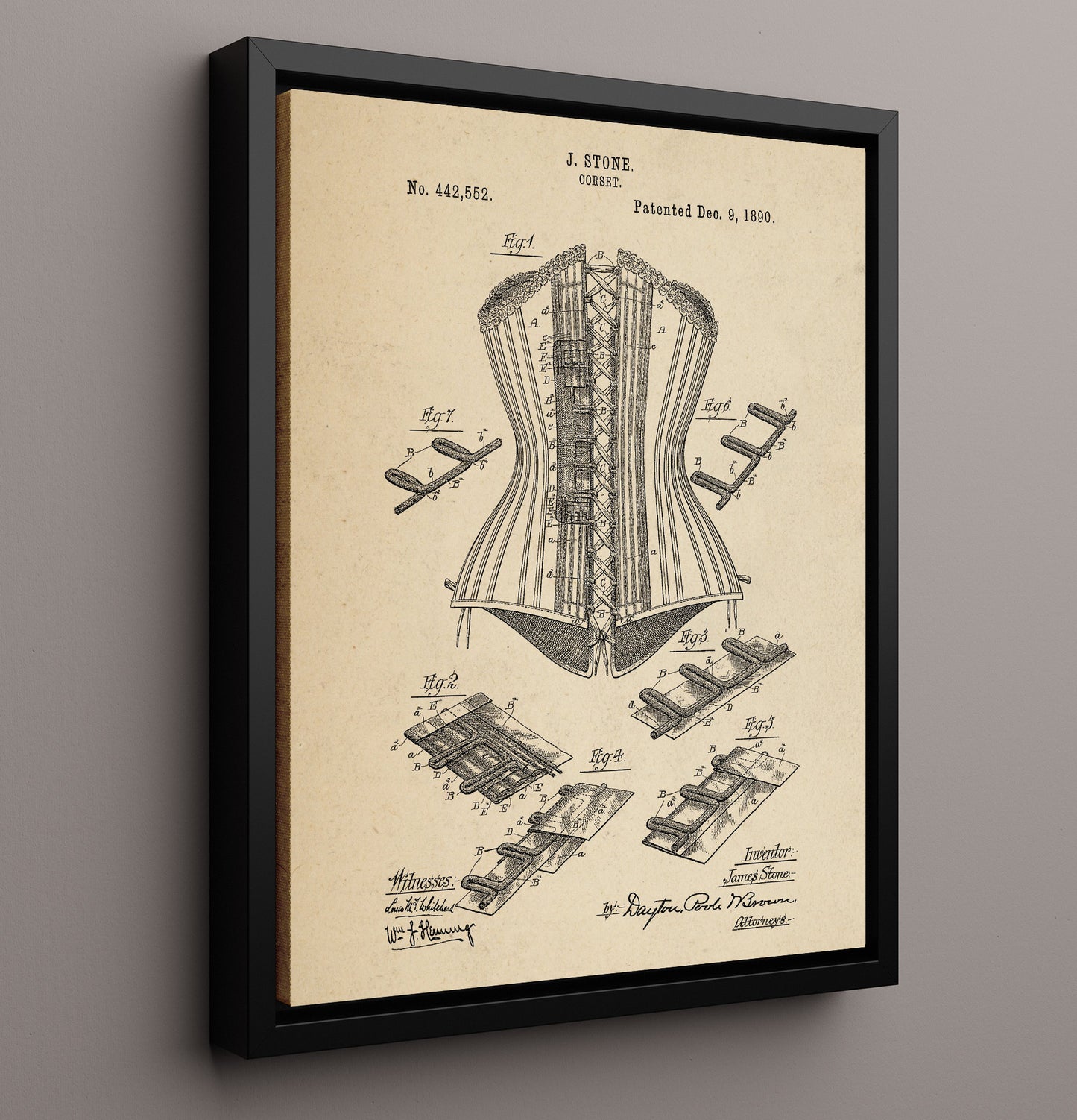 Patent Print - Corset - James Stone - 1890 - Patent 442552 Patent Wall Art