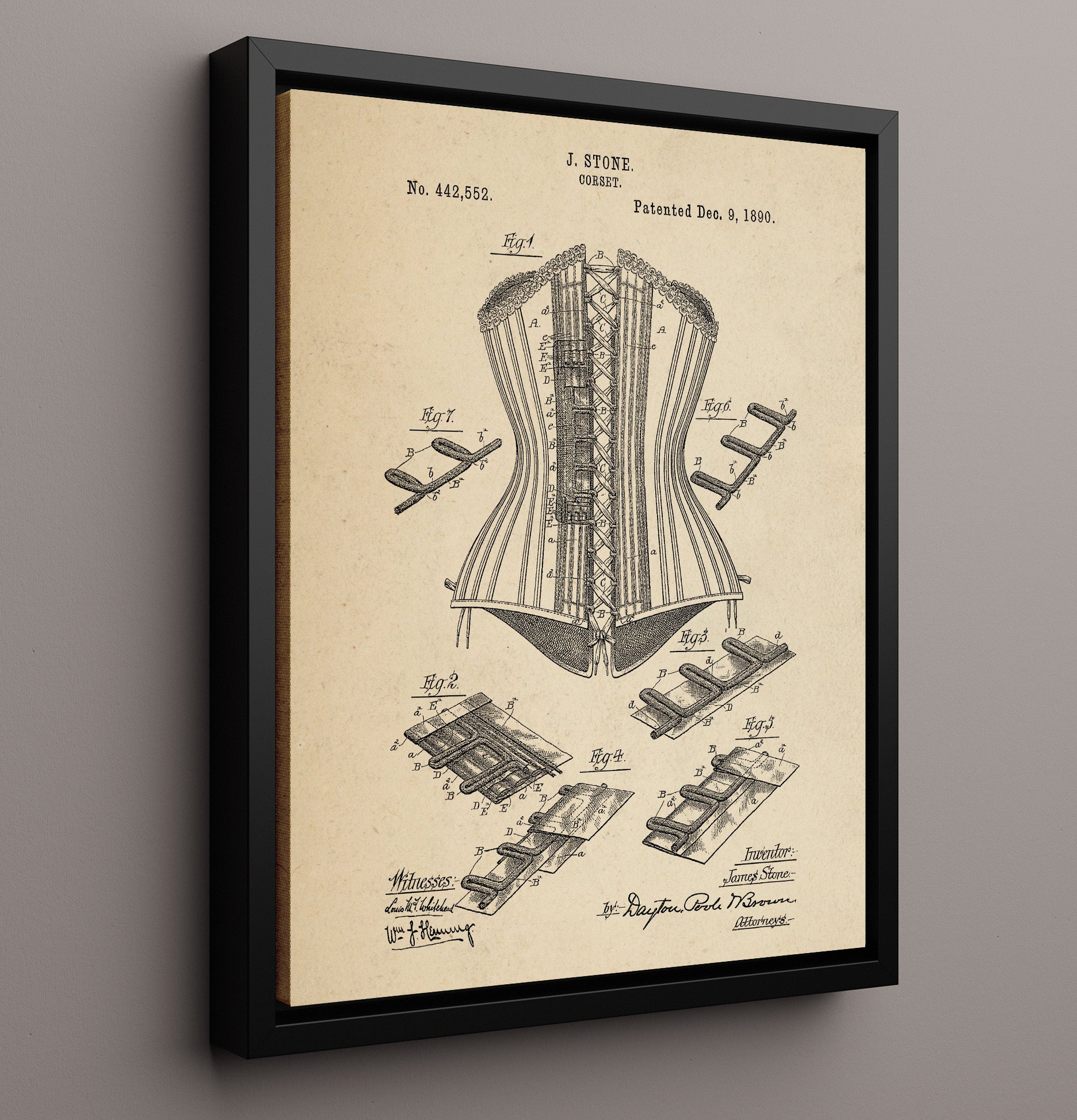 Patent Print - Corset - James Stone - 1890 - Patent 442552 Patent Wall Art