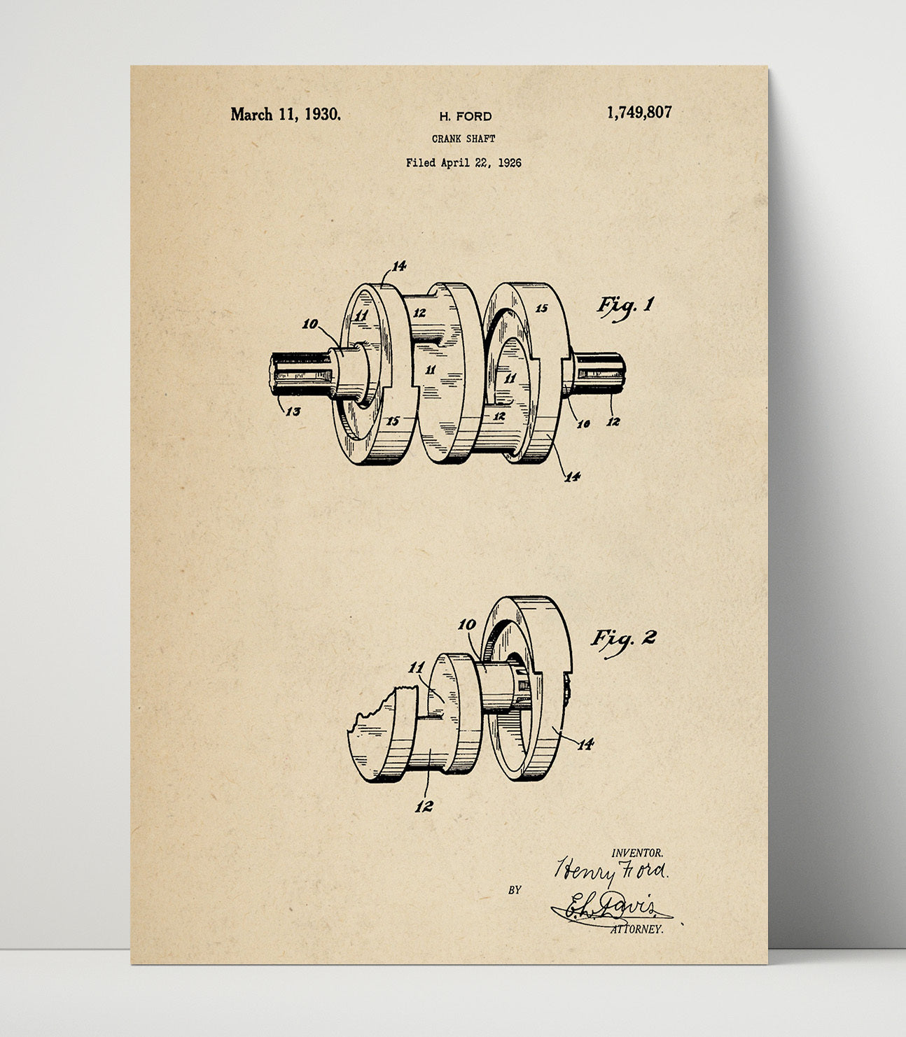 Patent Print - Crank Shaft - Henry Ford - 1930 - Patent 1749807 Patent Wall Art
