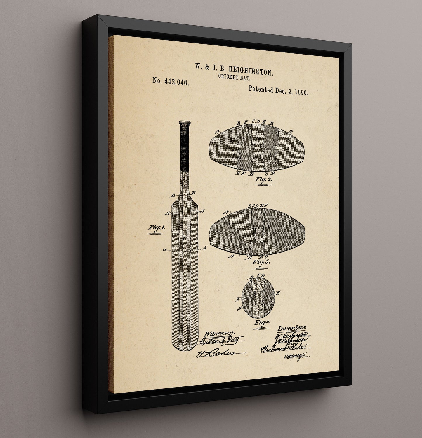 Patent Print - Cricket Bat - W And J B Heighington - 1890 - Patent 442046 Patent Wall Art