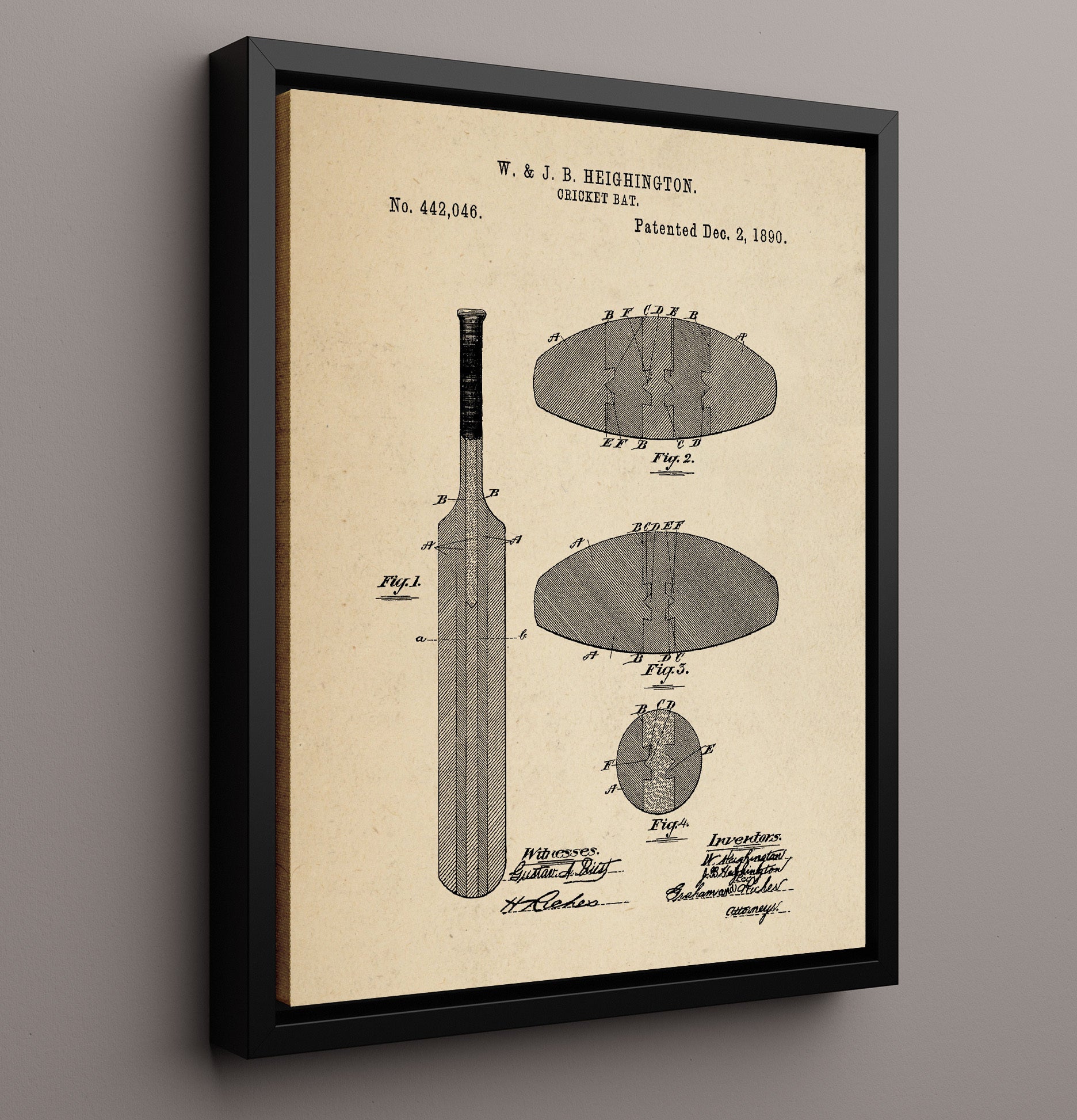 Patent Print - Cricket Bat - W And J B Heighington - 1890 - Patent 442046 Patent Wall Art
