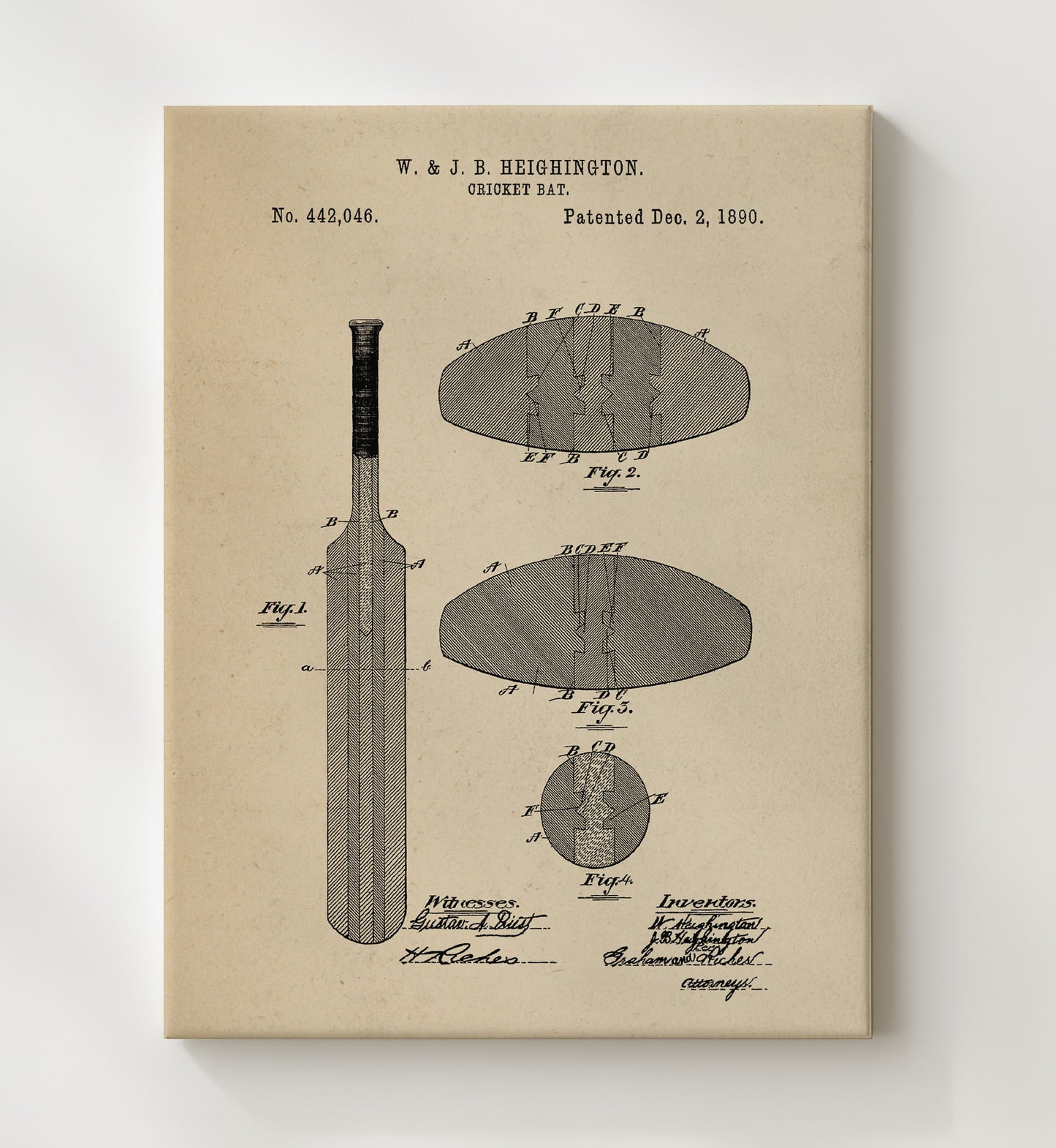 Patent Print - Cricket Bat - W And J B Heighington - 1890 - Patent 442046 Patent Wall Art