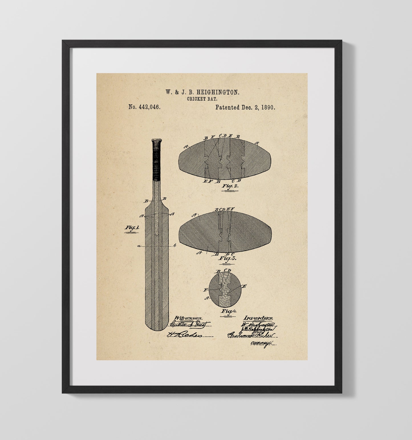 Patent Print - Cricket Bat - W And J B Heighington - 1890 - Patent 442046 Patent Wall Art