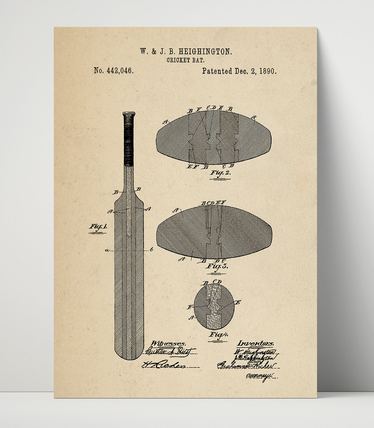 Patent Print - Cricket Bat - W And J B Heighington - 1890 - Patent 442046 Patent Wall Art