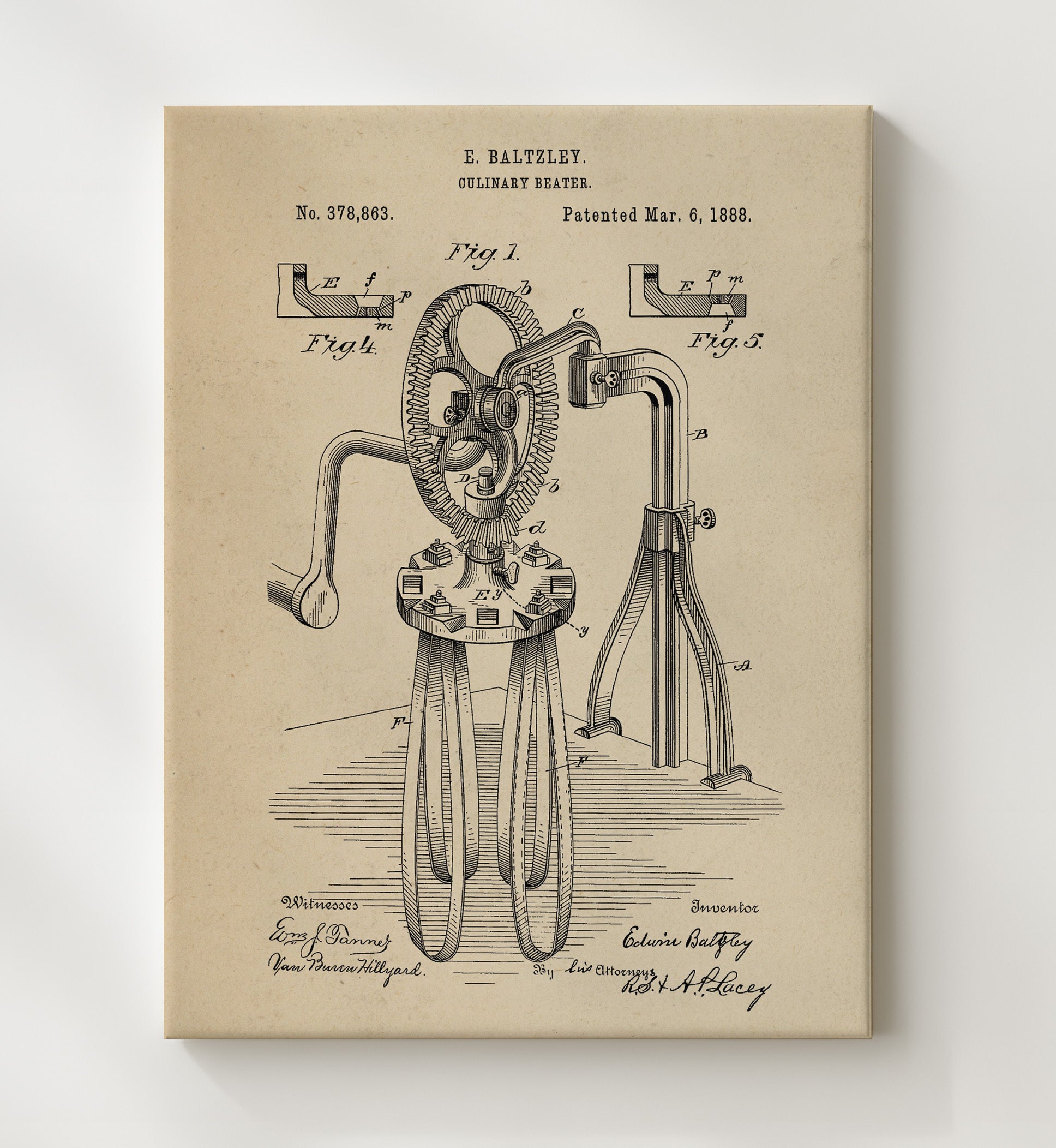 Patent Print - Culinary Beater - E. Baltzley - 1888 - Patent 378863 Patent Wall Art
