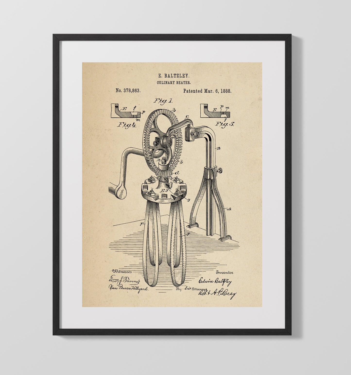 Patent Print - Culinary Beater - E. Baltzley - 1888 - Patent 378863 Patent Wall Art