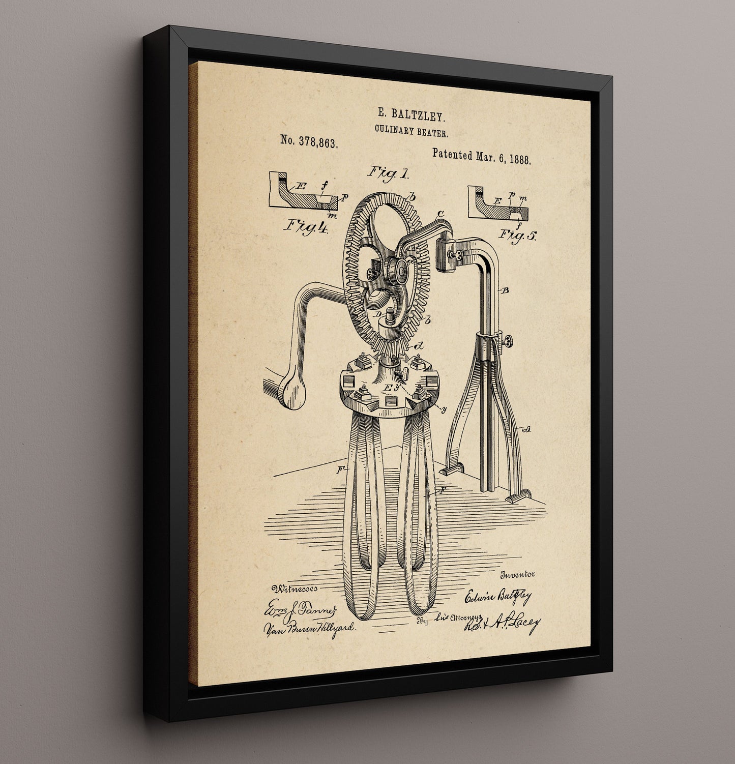 Patent Print - Culinary Beater - E. Baltzley - 1888 - Patent 378863 Patent Wall Art