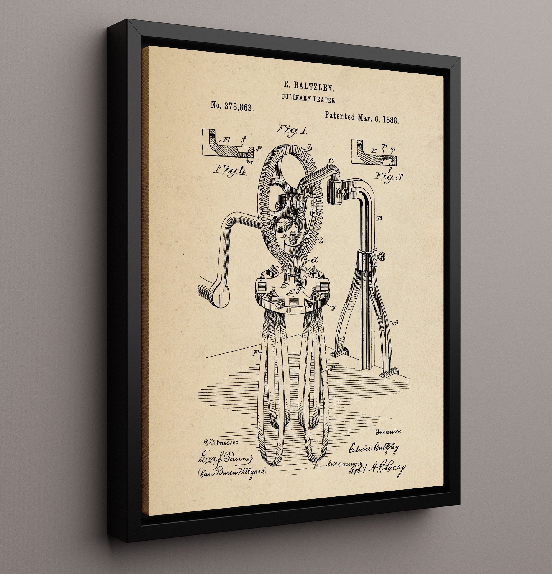 Patent Print - Culinary Beater - E. Baltzley - 1888 - Patent 378863 Patent Wall Art