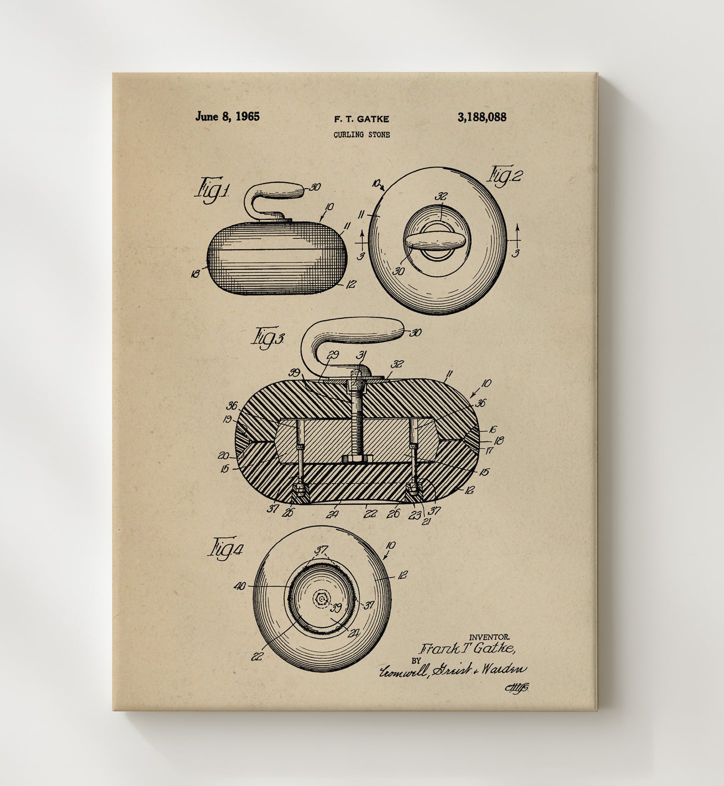Patent Print - Curling Stone - F T Gatke - 1965 - Patent 3188088 Patent Wall Art