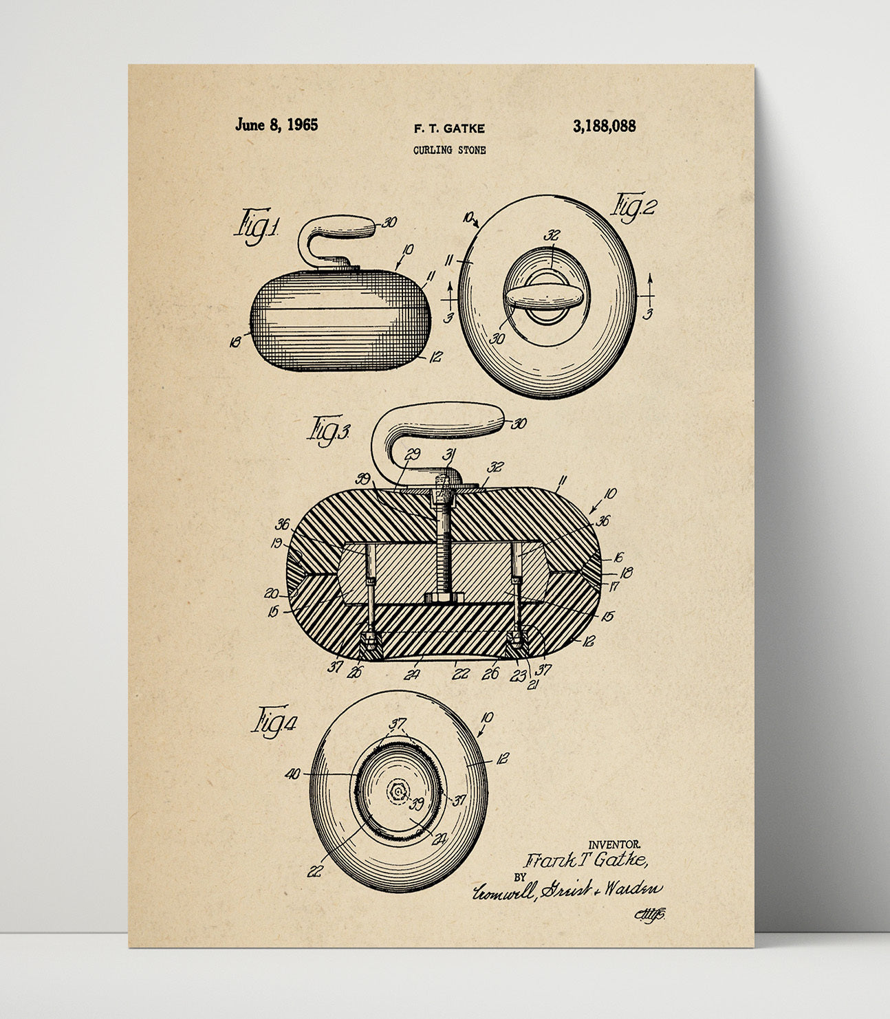 Patent Print - Curling Stone - F T Gatke - 1965 - Patent 3188088 Patent Wall Art