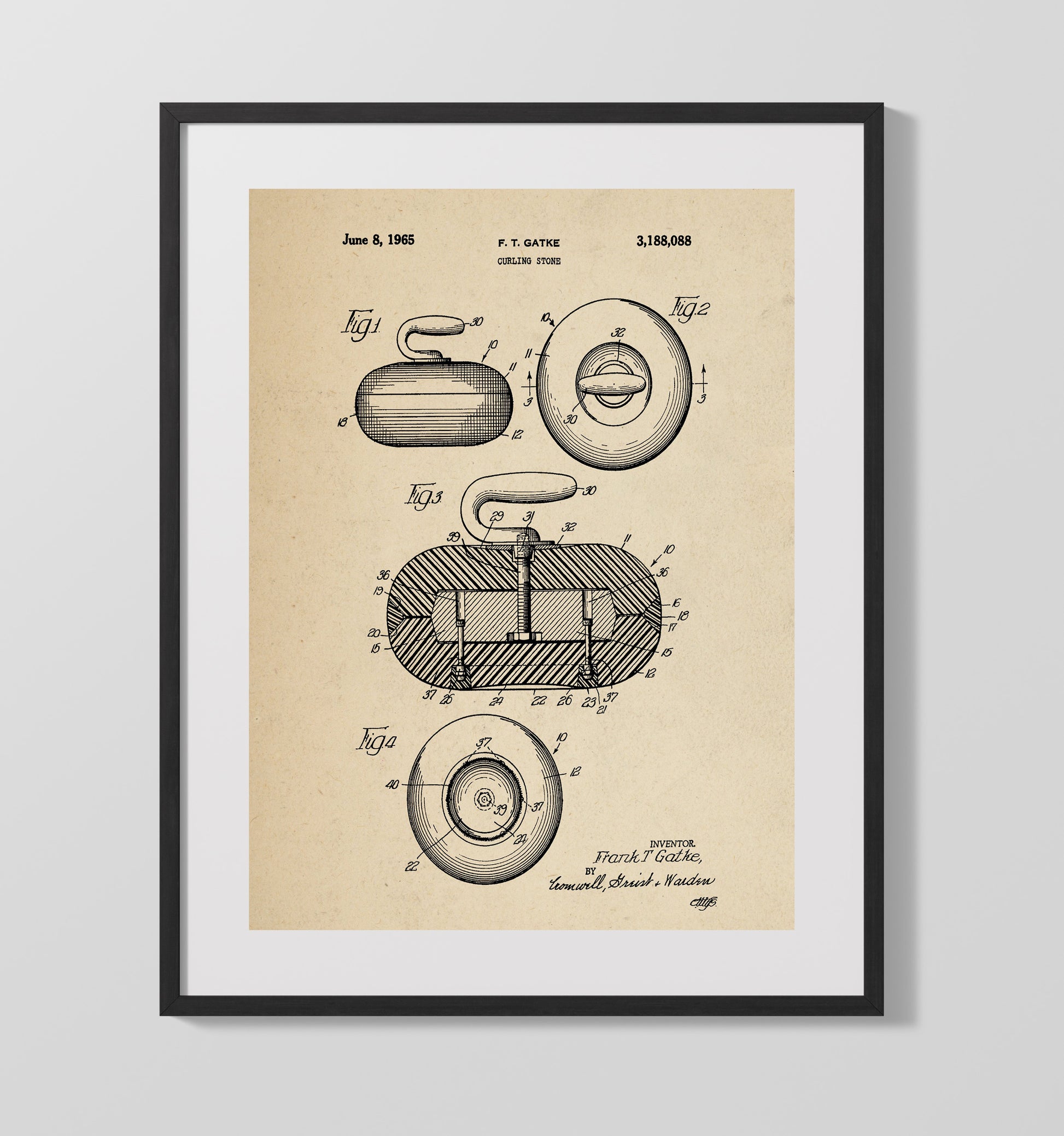 Patent Print - Curling Stone - F T Gatke - 1965 - Patent 3188088 Patent Wall Art