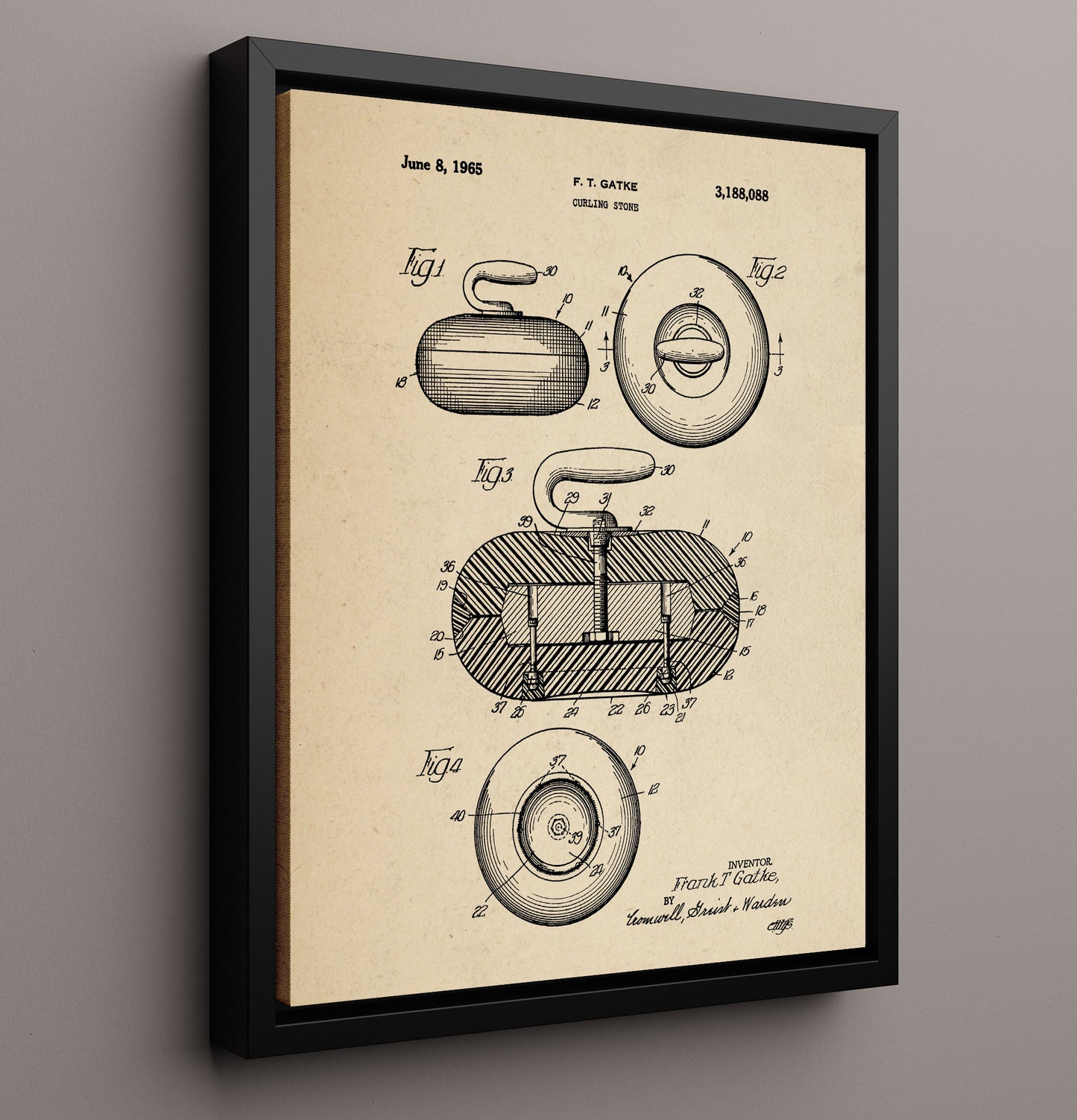 Patent Print - Curling Stone - F T Gatke - 1965 - Patent 3188088 Patent Wall Art