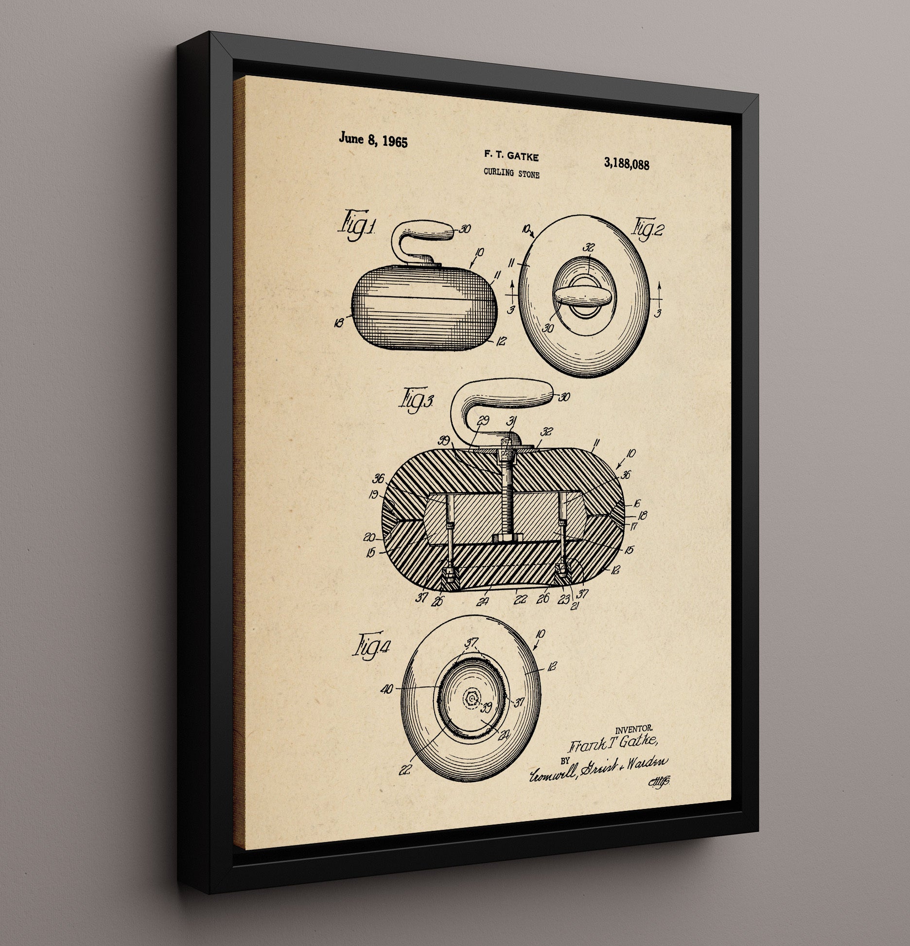 Patent Print - Curling Stone - F T Gatke - 1965 - Patent 3188088 Patent Wall Art