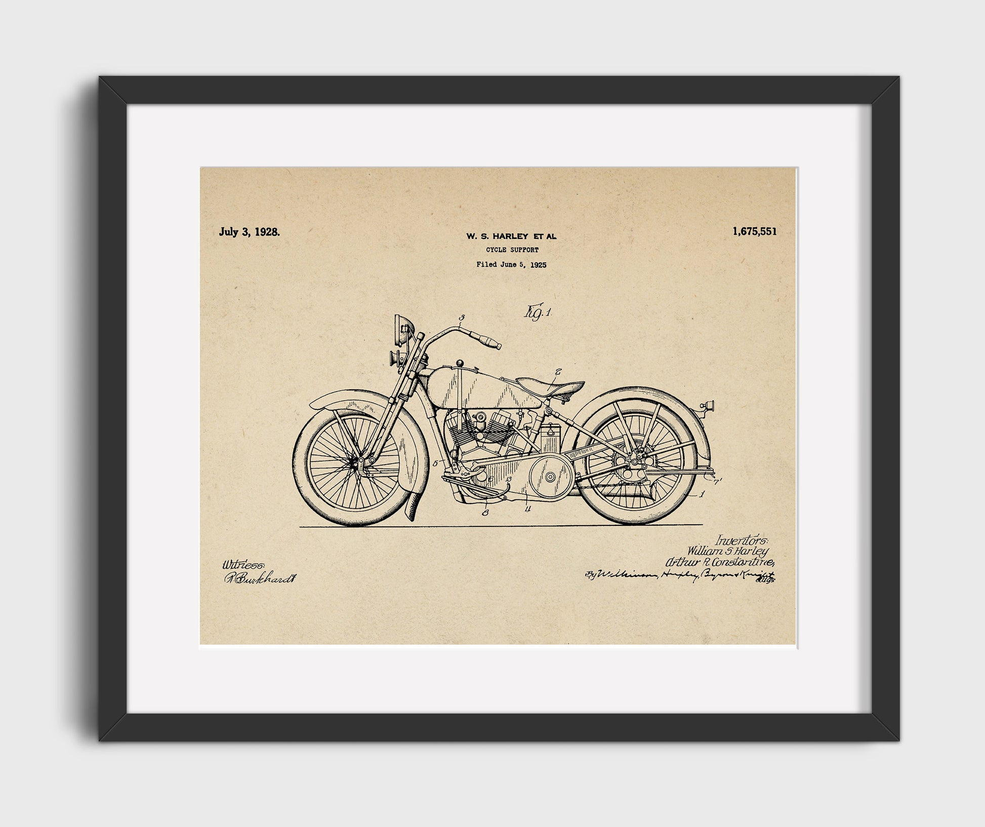 Patent Print - Cycle Support - William S Harley - 1928 - Patent 1675551 - Landscape Patent Wall Art